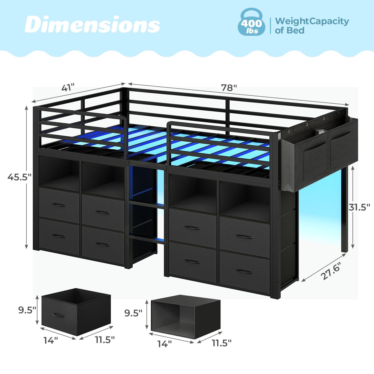 ADORNEVE Loft Bed Twin Size with 8 Storage Drawers and Bookcase Metal Kids Loft Bed with LED Lights and Safety Guardrail