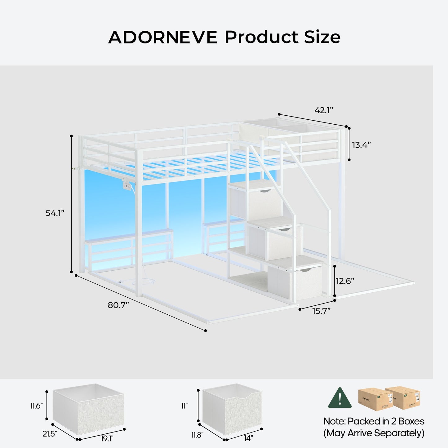 ADORNEVE Triple Bunk Bed with Storage Staircase and RGB Lights Metal Twin Over Twin Bed with Charging Station and Headboard Shelf