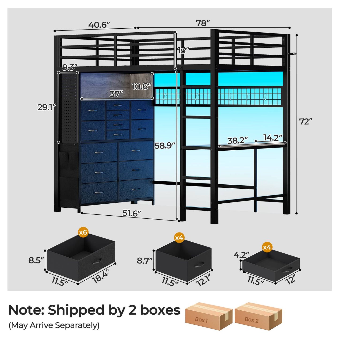 ADORNEVE Loft Bed with Desk Storage Drawers and Power Outlet Metal Twin Loft Bed with LED Lights and Safety Guardrail