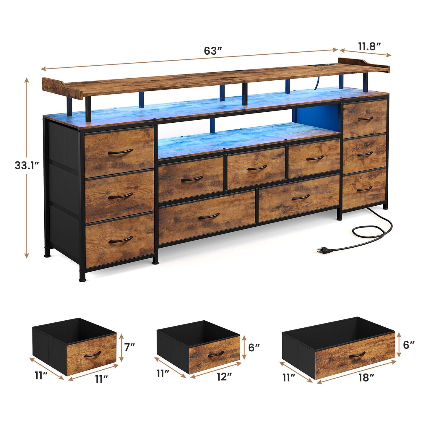 ADORNEVE TV Stand with 11 Fabric Drawers and Open Shelves for 65 Inch TV 63" W Large TV stand with LED Lights and Charging Station