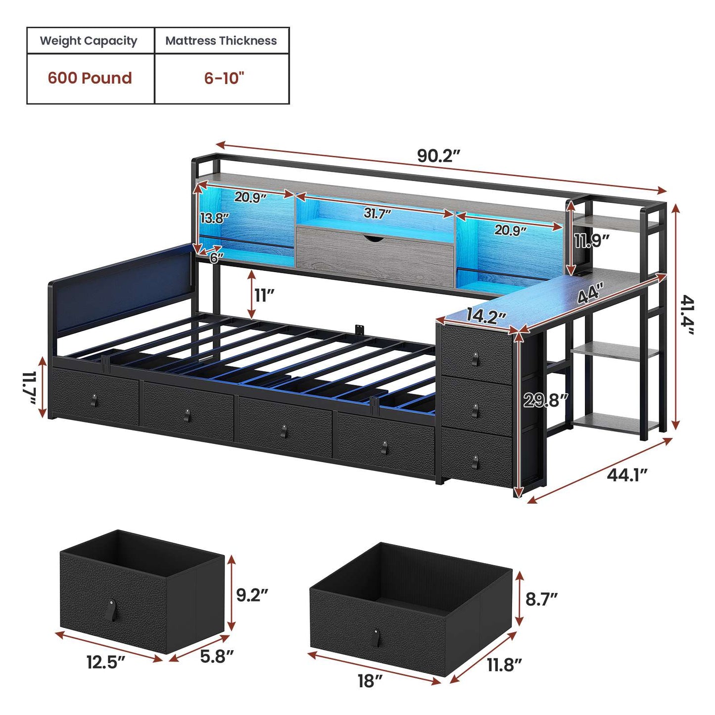 ADORNEVE Corner Bed Frame with Desk Storage Bookcase and 7 Drawers Twin Metal Kids Daybed with Charging Station and RGB Lights