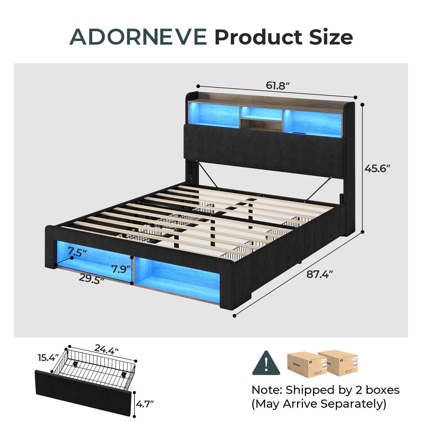 ADORNEVE Bed Frame with 4 Drawers and Footboard Headboard Cubbies Corduroy Upholstered Bed with Charging Station and RGB Lights