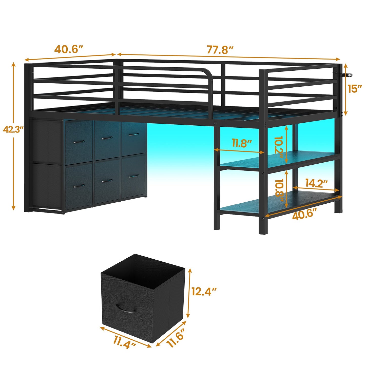 ADORNEVE Low Loft Bed Twin Size with 6 Storage Drawers and Storage Shelves, Metal Kids Loft Bed with LED Lights and Safety Guard Rail