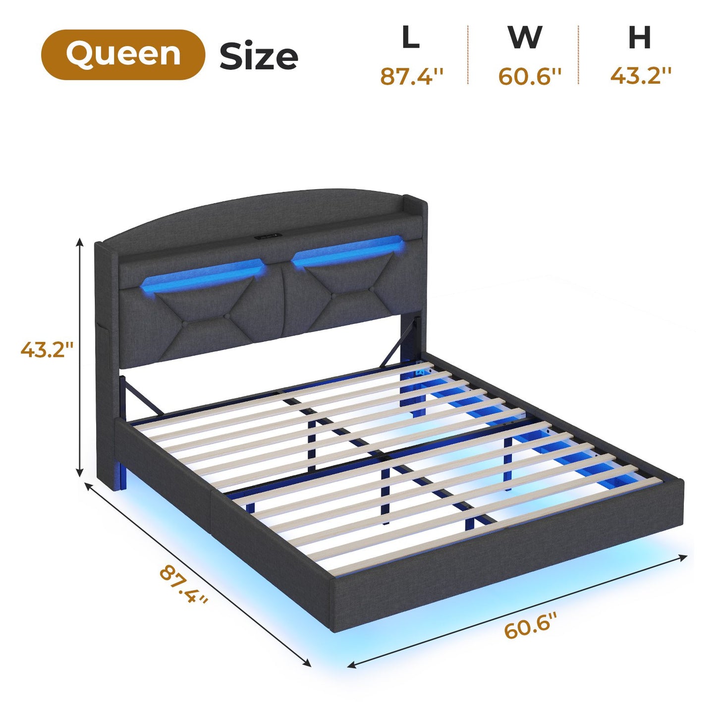 ADORNEVE Queen Floating Bed Frame with Charging Station and Storage Headboard LED Bed Frame with Upholstered Platform and Shelves