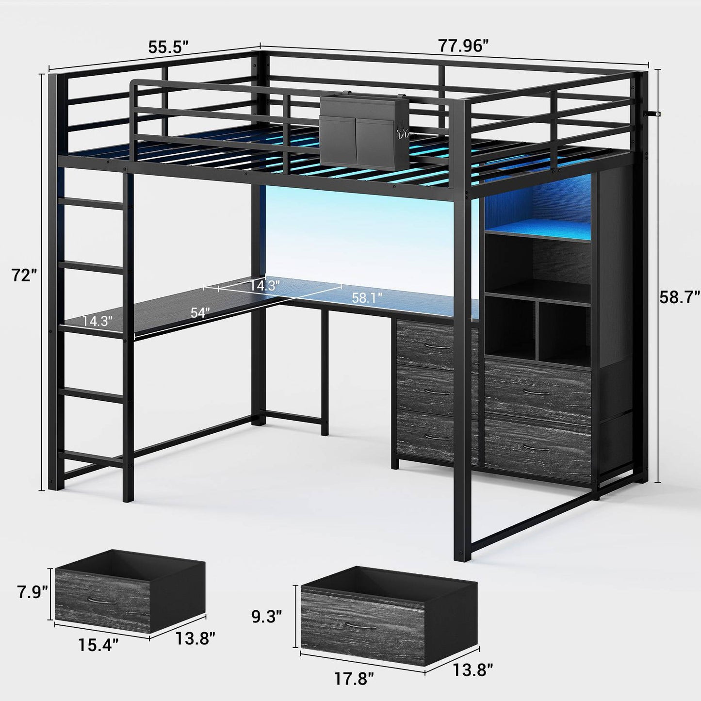 ADORNEVE Loft Bed Full Size with L Desk and 5-Tier Bookshelf 5 Drawers LED Metal Loft Bed with Power Outlet and Guardrail Ladders