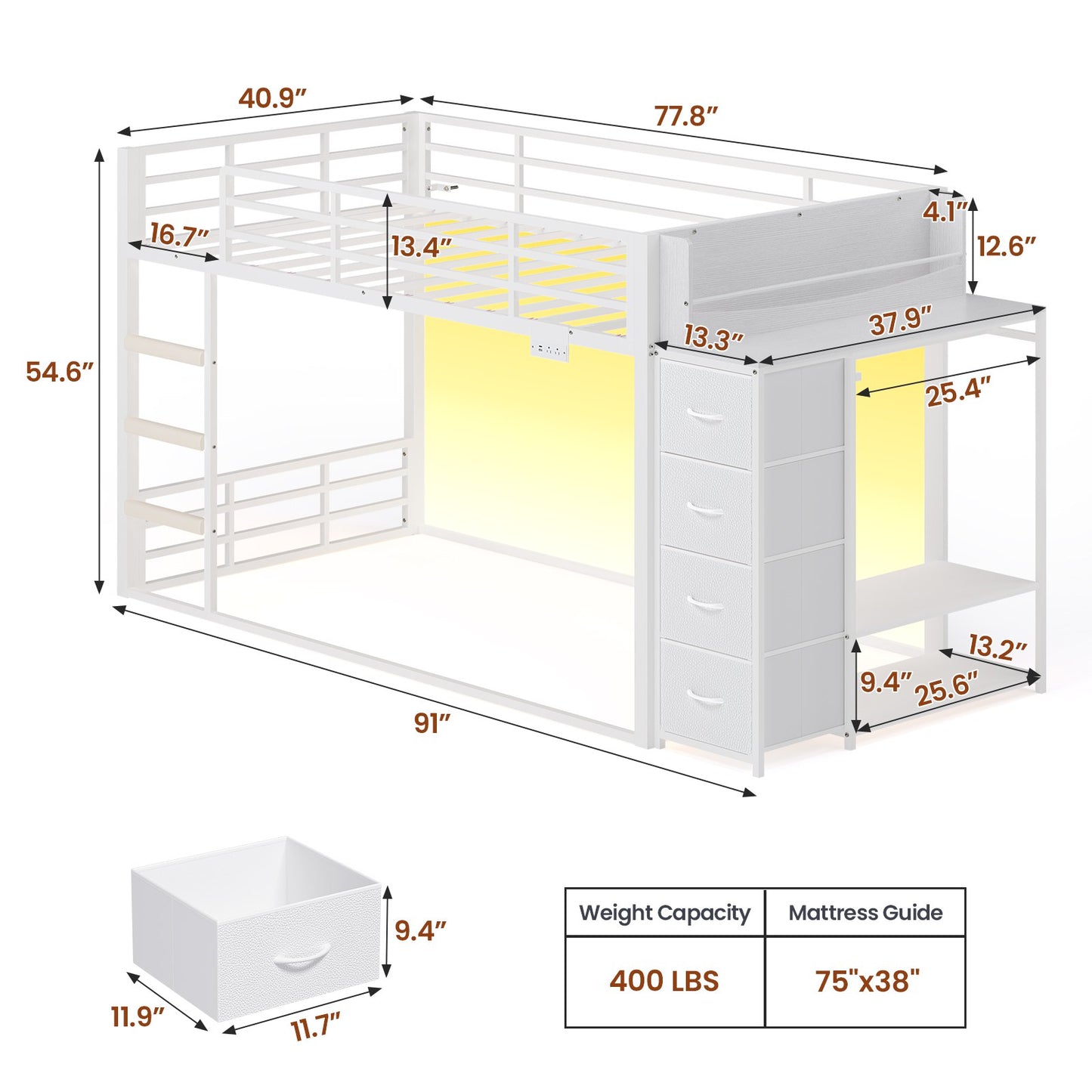 ADORNEVE Bunk Bed Twin Over Twin with Bookshelf and 4 Storage Drawers Clothing Shelves Metal Kids RGB Lights Bunk Bed with Power Outlet and Guardrail Ladder