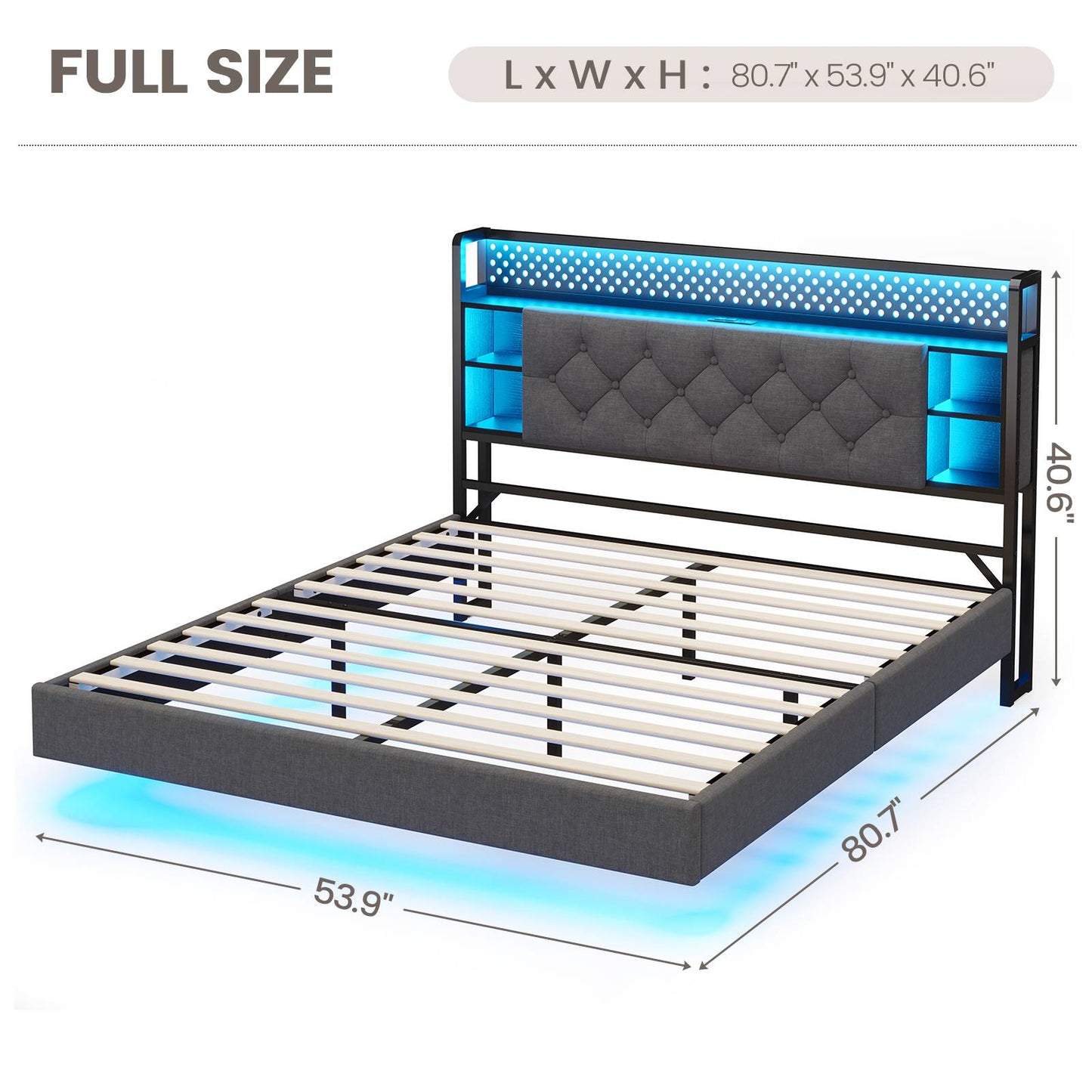 ADORNEVE Floating Bed Frame Full with Hidden Storage Headboard and Charing Station Visual Platform Bed Frame with LED Lights