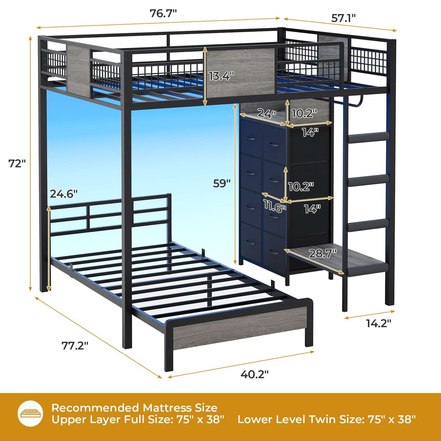 ADORNEVE Full Over Twin Bunk Bed with 8 Storage Drawers and Led Lights Metal Kids Loft Bed with Shelves and Safety Guardrail