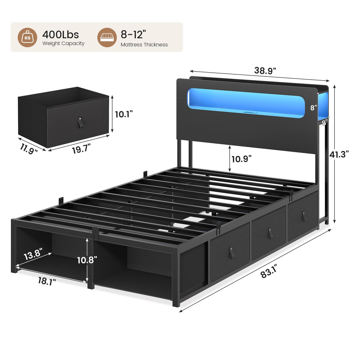 ADORNEVE Bed Frame Twin Size with 6 Storage Drawers and 2-Tier LED Headboard Kids Bed with Power Outlets and 2 Footboard Cubbies