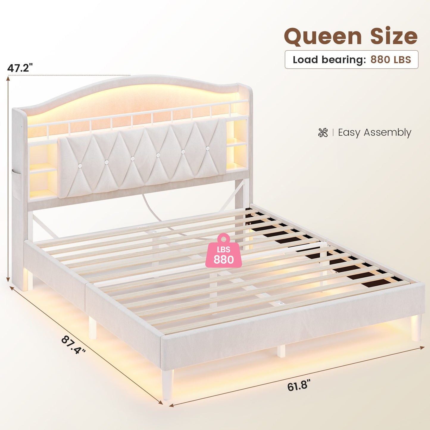 ADORNEVE Queen Bed Frame Headboard with Charging Station and Guardrail Crystal Button Girls Velvet Upholstered Platform Bed with LED Lights