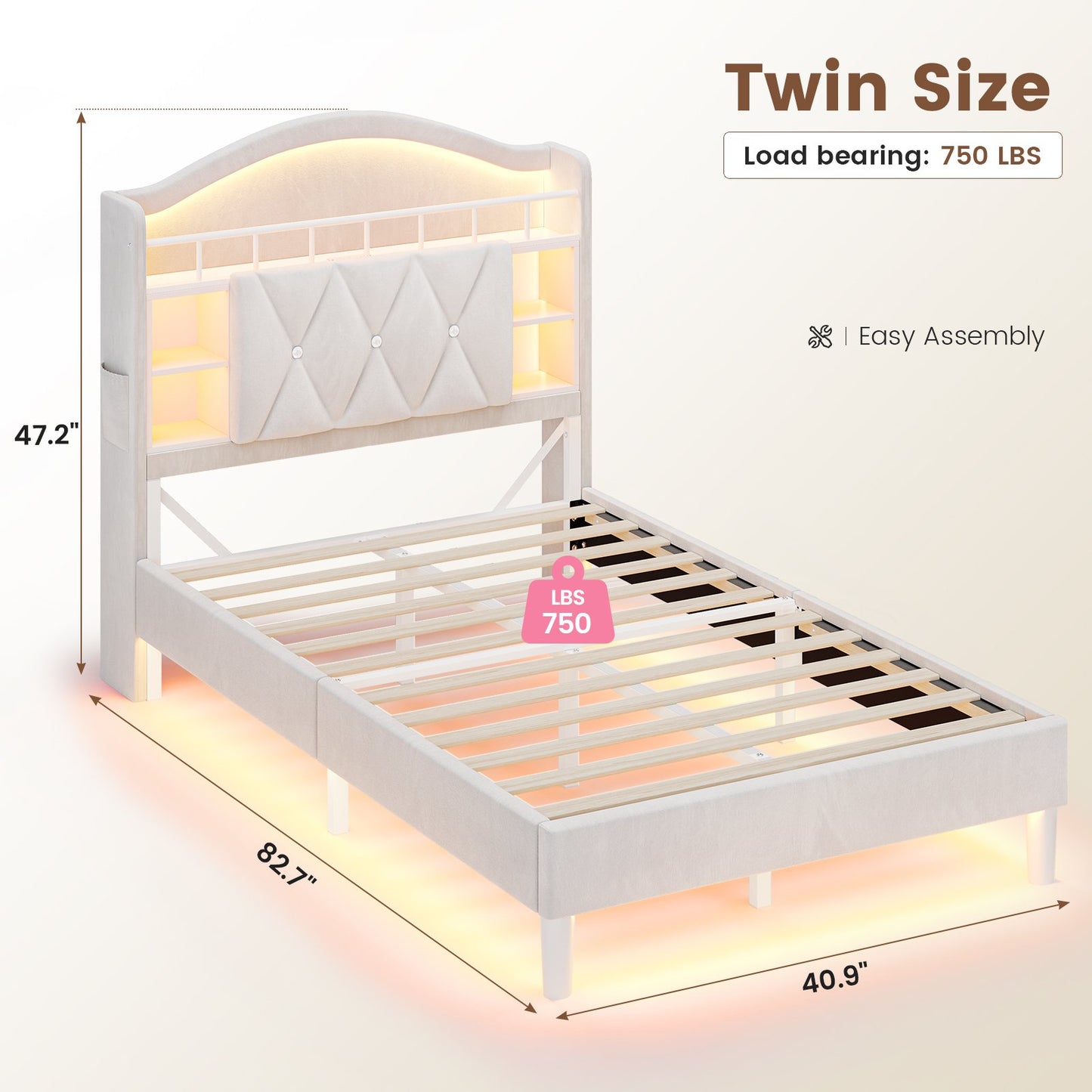 ADORNEVE Bed Frame Twin Size with LED Lights Girls Velvet Upholstered Platform Bed Headboard with Charging Station and Guardrail Crystal Button