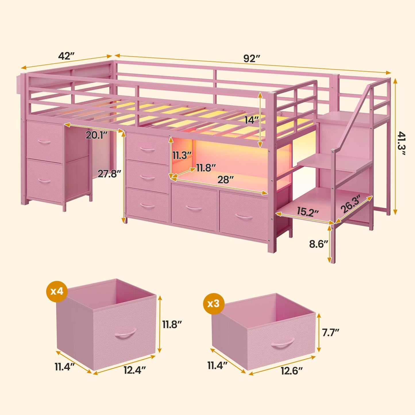 ADORNEVE Loft Bed Twin Size with Stairs and 7 Drawers Bookcase Kids Loft Bed with Under-Bed Play and Space Safety Guardrail Metal LED Loft Bed with Inclined Ladder