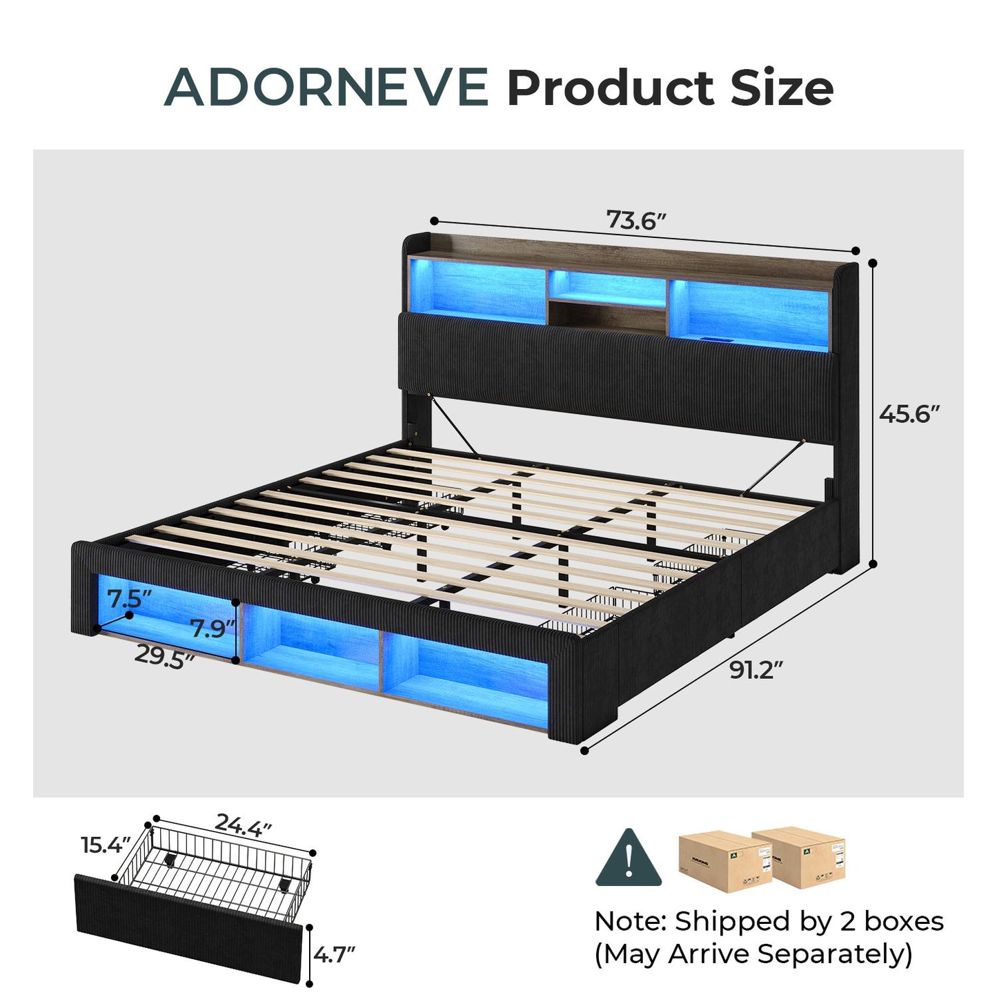 ADORNEVE California King Bed Frames with 4 Storage Drawers and Footboard Cubbies RGB Corduroy Upholstered Platform Bed with Power Outlets and Storage Headboard