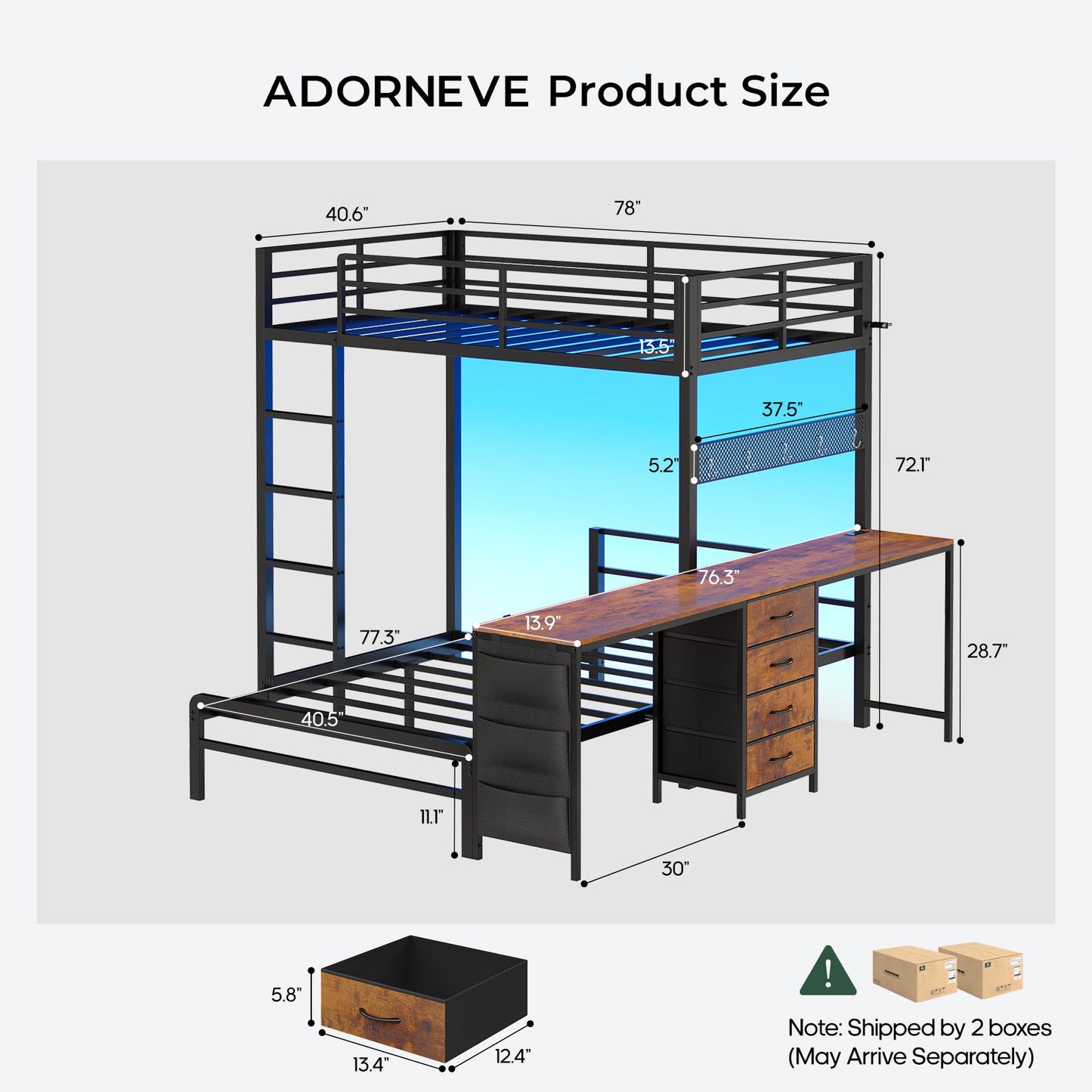 ADORNEVE Bunk Bed Twin Over Twin with 2 Person Desk and 4 Storage Drawers Metal LED Twin Bunk Bed with Power Strips and Pegboard Safety Guardrail