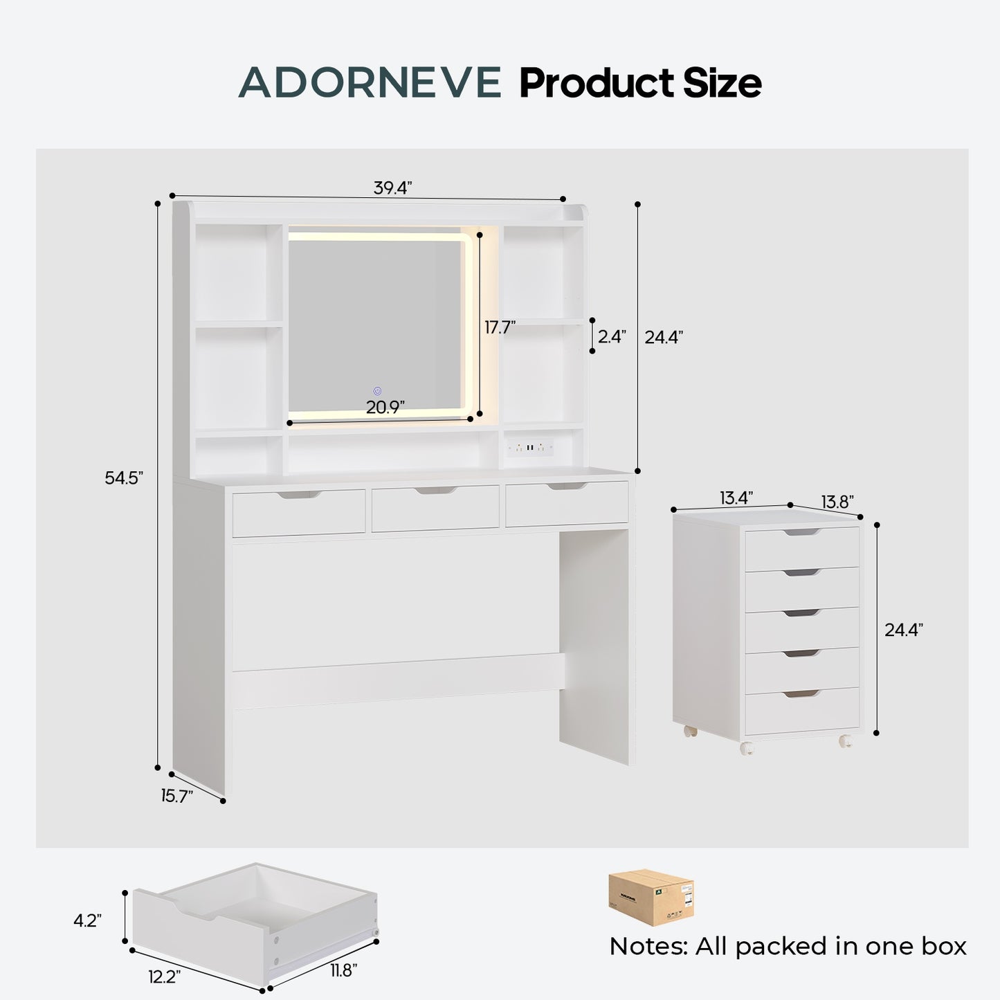 ADORNEVE Makeup Vanity with Rolling Drawer Cabinet and 8-Drawer 6 Shelves Vanity Desk with 3-Color LED Touch Mirror and Built-in Power Outlet