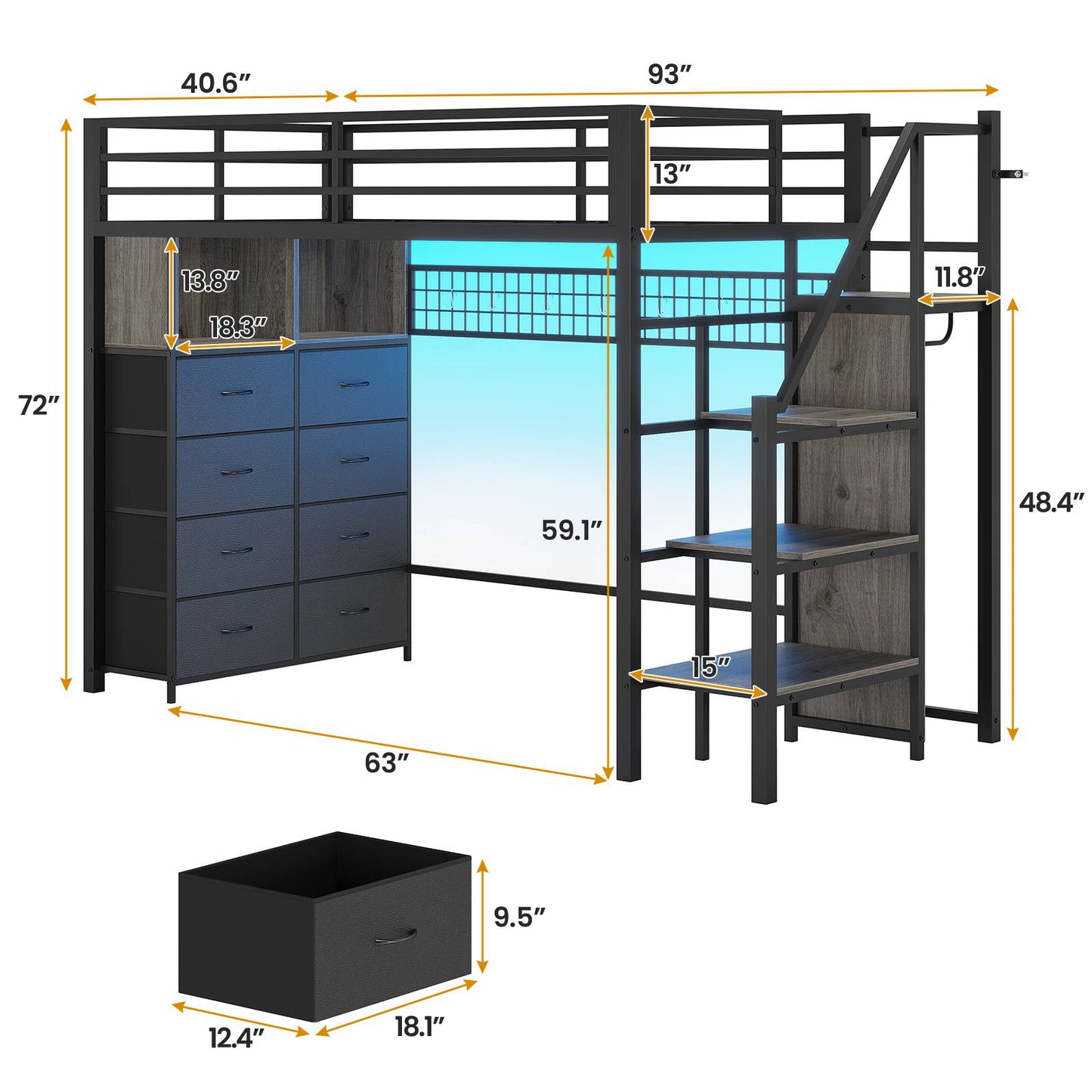 ADORNEVE Twin Size Loft Bed with Storage Stairs and 8 Drawers LED LED Metal Kids Loft Bed with Power Outlet and Shelves Wardrobe Safety Guard