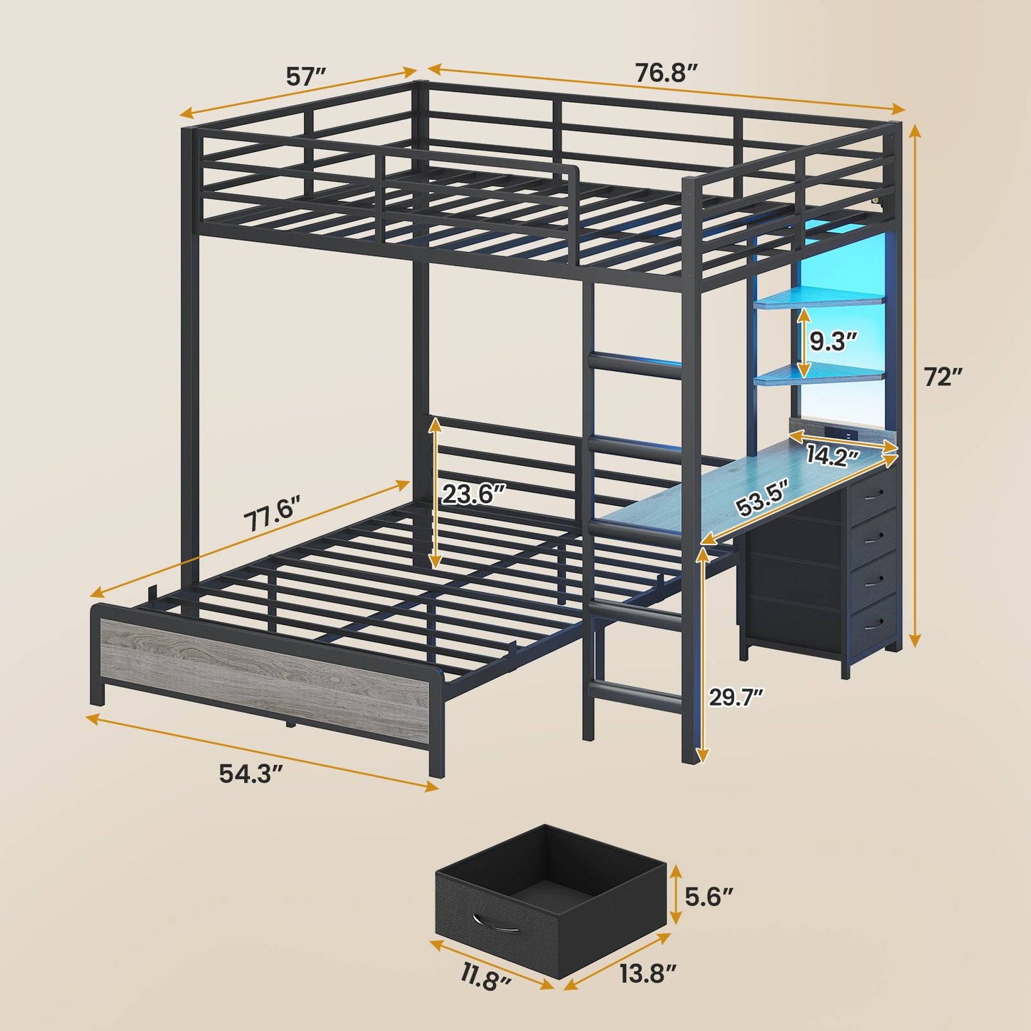 ADORNEVE Bunk Bed with Desk and Charging Station LED Full Over Full Bunk Beds with 4 Storage Drawers and 2 Open Storage Shelves Metal Loft Bed with Safety Guardrail Ladder