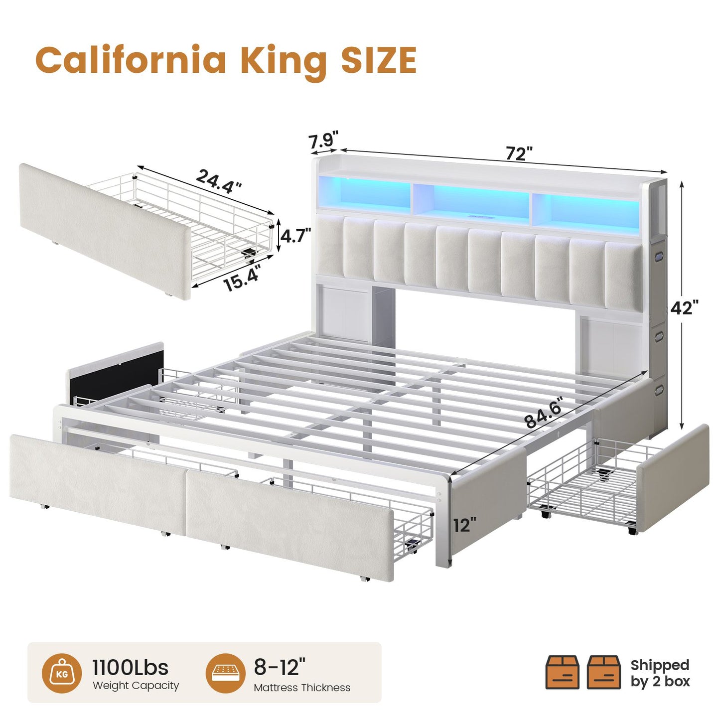 ADORNEVE Bed Frame with 10 Storage Drawers and RGB Bookcase Headboard PU Upholstered Cal King Bed with Charging Station and Heavy Duty Metal Slats