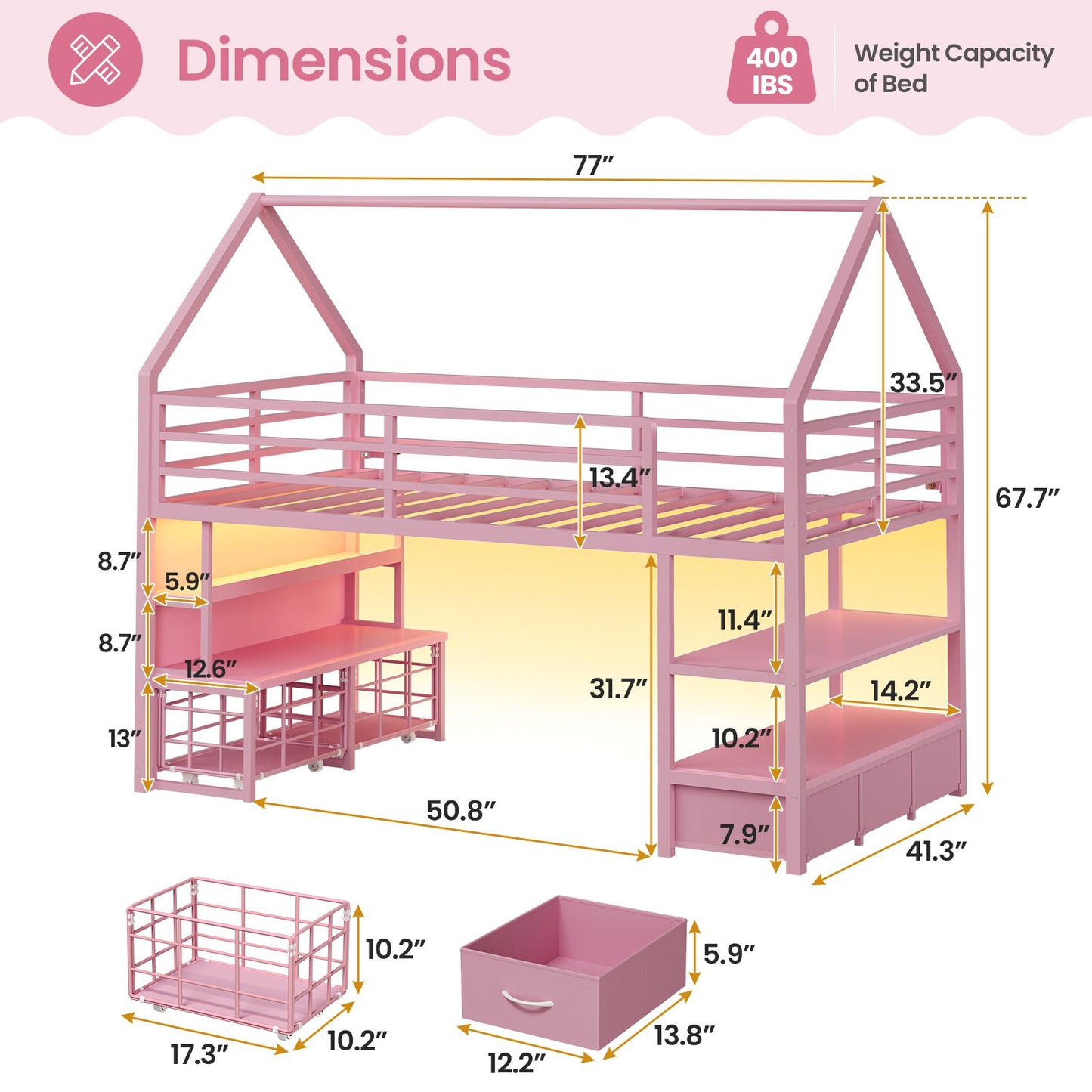 ADORNEVE Loft Bed Twin Size with 5 Storage Drawers and Bookcase LED Metal Loft Bed with Open Storage Shelves and Safety Guardrail Under-Bed Play Space
