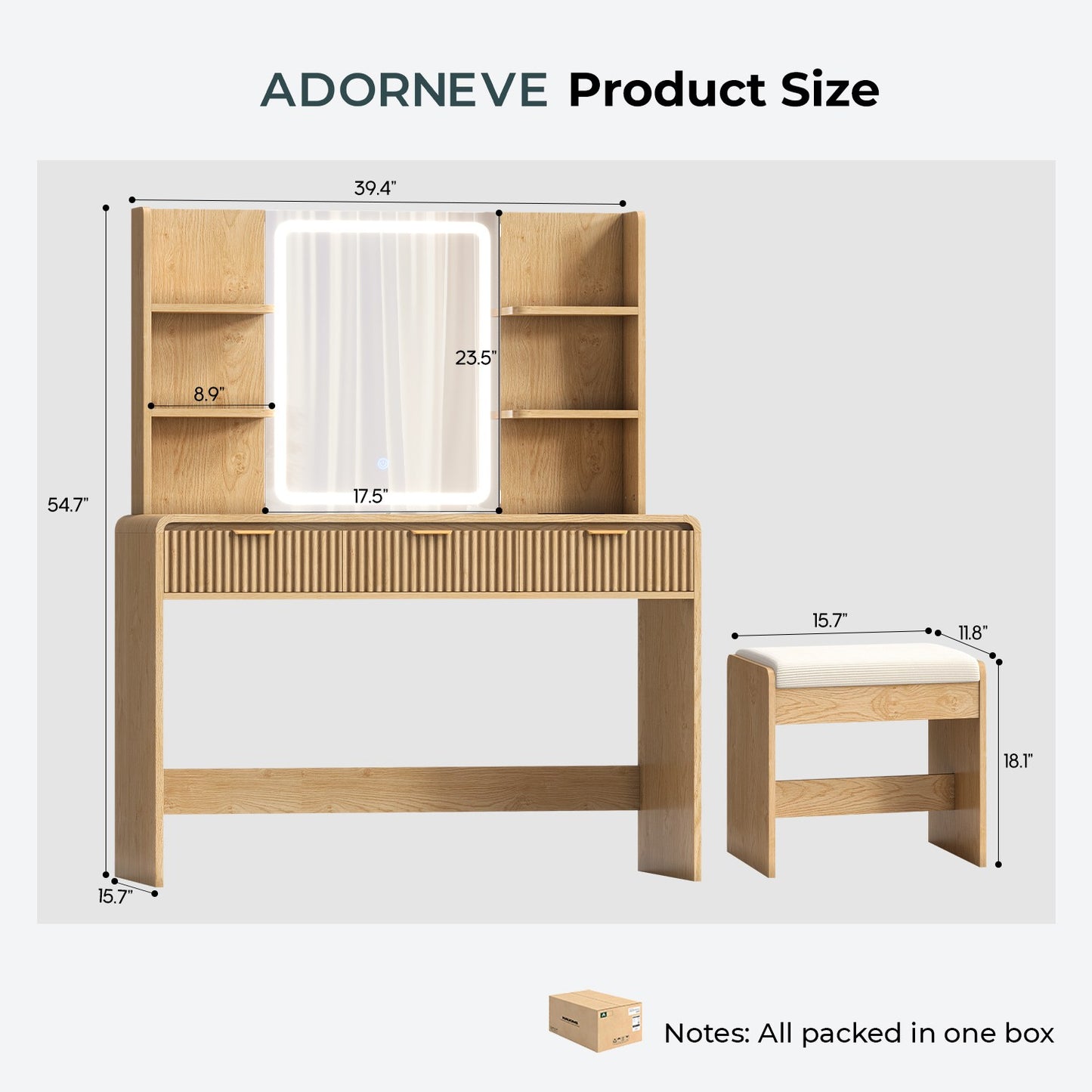 ADORNEVE Fluted Vanity Desk with Stool and LED Mirror Makeup Vanity with Power Outlet