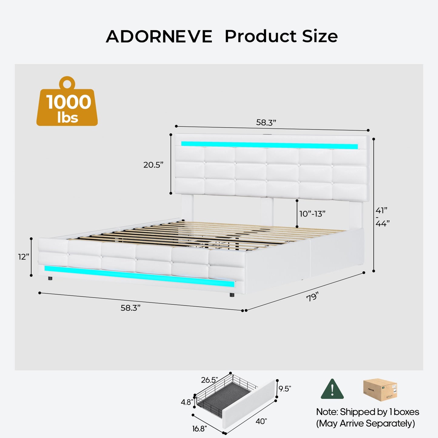 ADORNEVE Full Size LED Bed Frame with 4 Storage Drawers and Charging Station Pu Leather Upholstered Platform Bed with Square Stitched Button Tufted Design