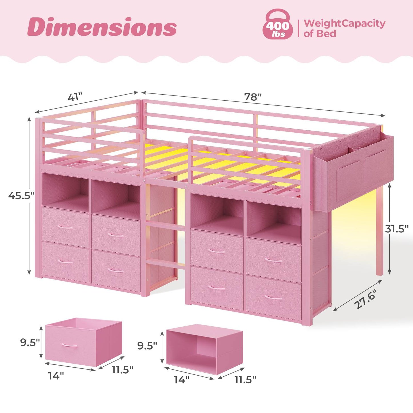 ADORNEVE Loft Bed Twin Size with 8 Storage Drawers and Bookcase Metal Kids Loft Bed with LED Lights and Safety Guardrail