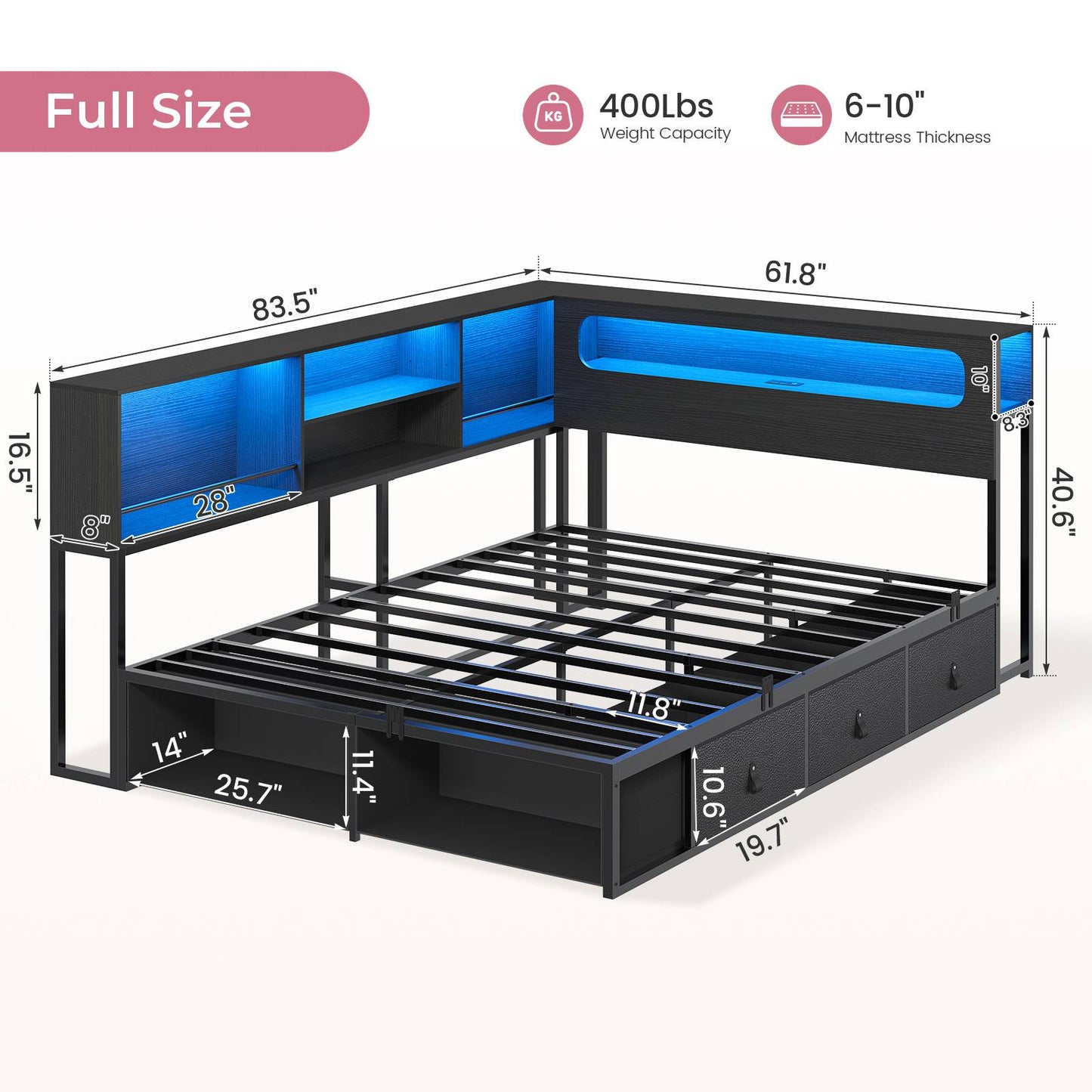 ADORNEVE Corner Bed Frame Full Size with Bookcase Storage and Charging Station LED Metal Daybed with 3 Drawers and 2 Open Cubbies