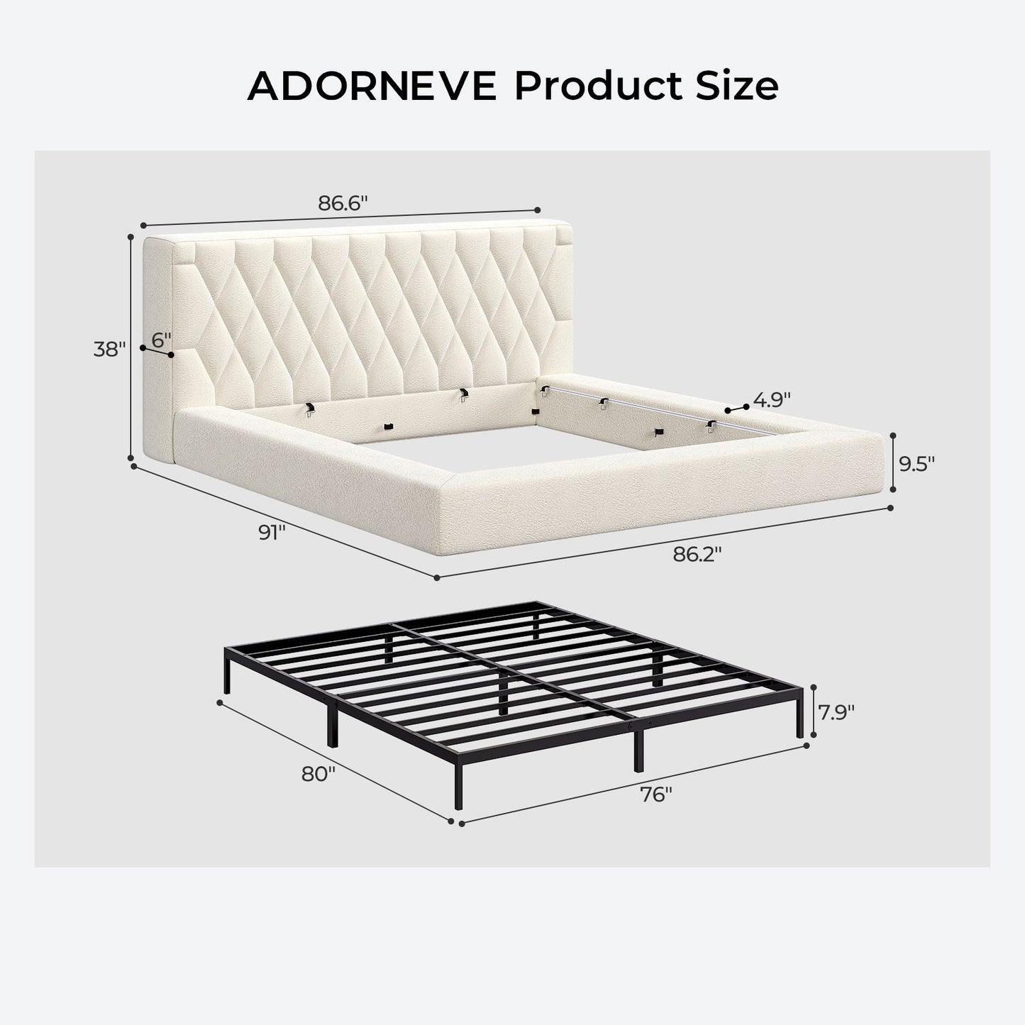 ADORNEVE Upholstered Cloud Bed Frame King with 5.9" Headboard 4.9" Fully Cushioned Platform Bed with Soft Rounded Corners and Noise-Free for Bedroom