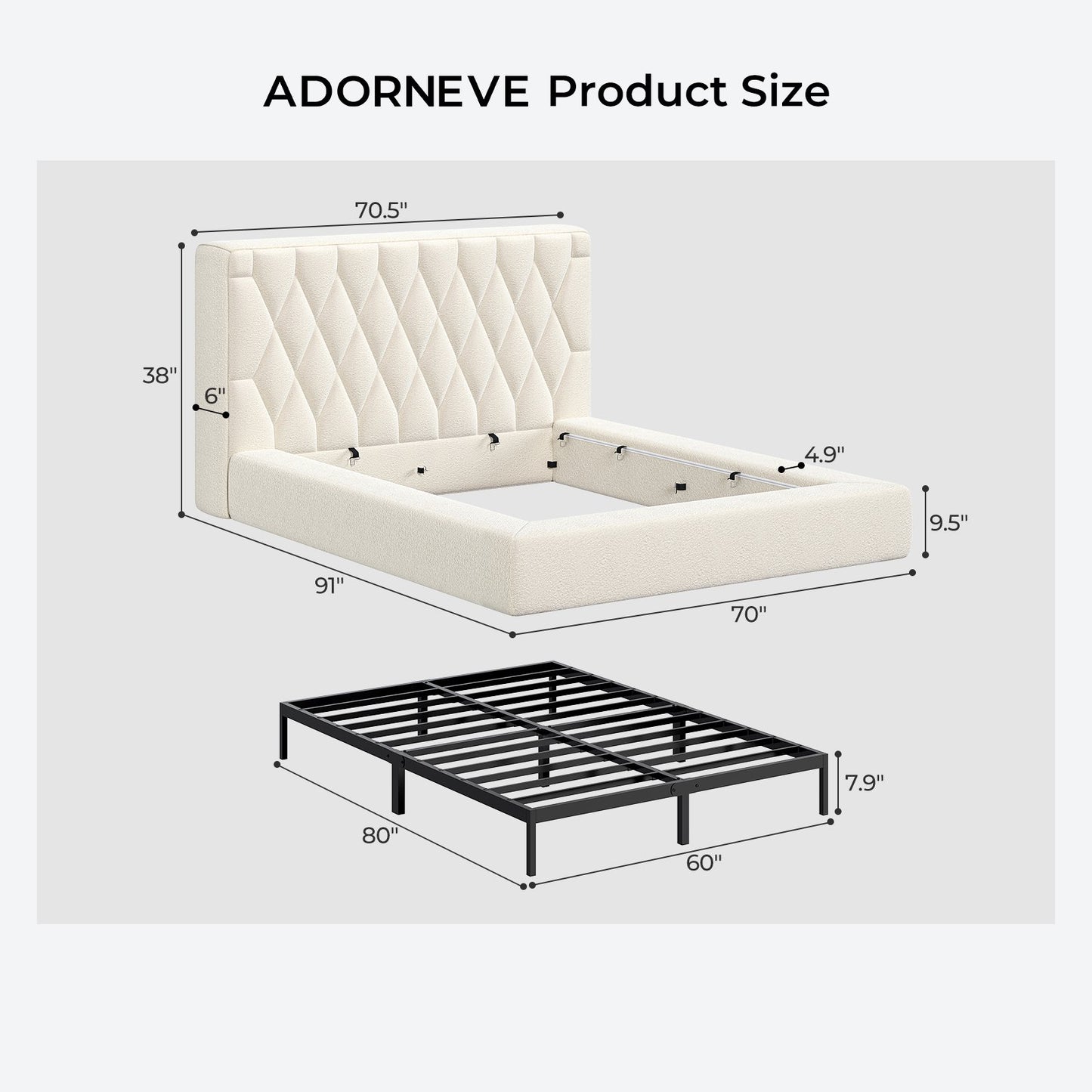 ADORNEVE Upholstered Cloud Bed Frame Queen with 5.9" Headboard Fully Cushioned Platform Bed with Soft Rounded Corners and Noise-Free for Bedroom