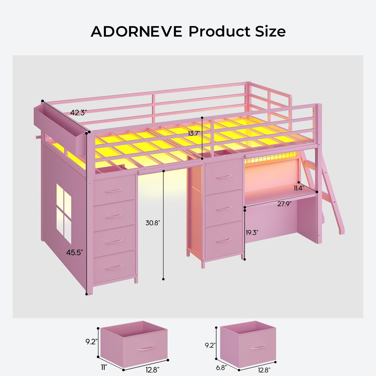 ADORNEVE Low Loft Bed Twin Size with 7 Storage Drawers and Desk Kids LED Loft Bed with Safety Guardrail and Under-Bed Play Space Private Play Curtain