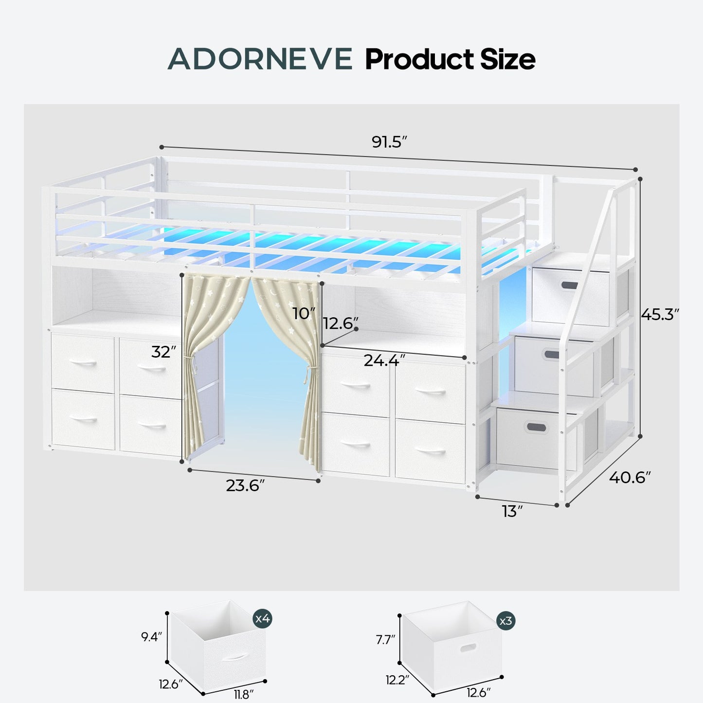 ADORNEVE Low Loft Bed Twin Size with Desk and 11 Storage Drawers LED Loft Bed with Bookshelf and Under-Bed Play Space Metal Kids Loft Bed with Safety Guardrail