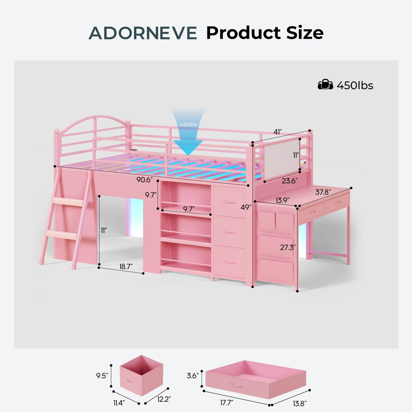 ADORNEVE Low Loft Bed with Desk and 5 Storage Drawers Twin Loft Bed with Bookshelf and Blackboard Kids LED Loft Beds with Safety Guardrail and Inclined Ladder Under-Bed Play Space