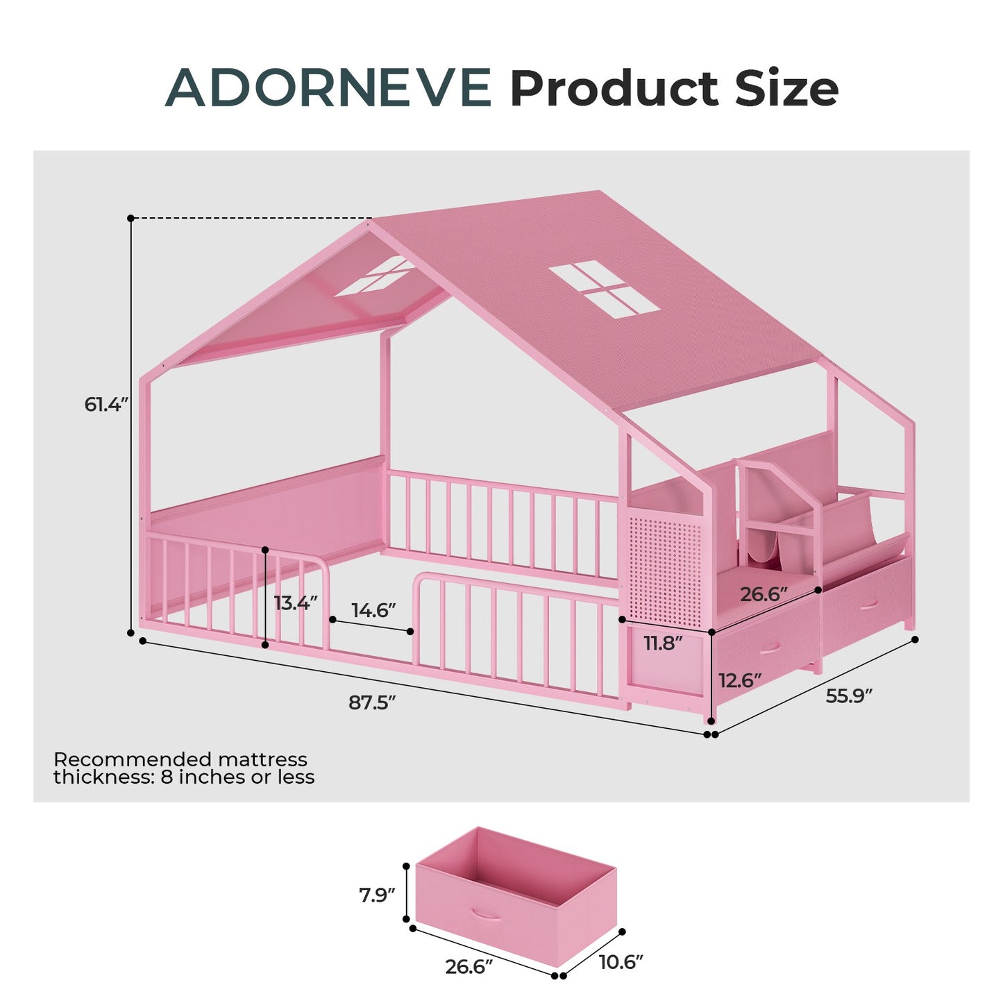 ADORNEVE Montessori Full Size Floor Bed with Safety Guardrails House Bed with Reading Nook and Bookshelves Storage Drawers