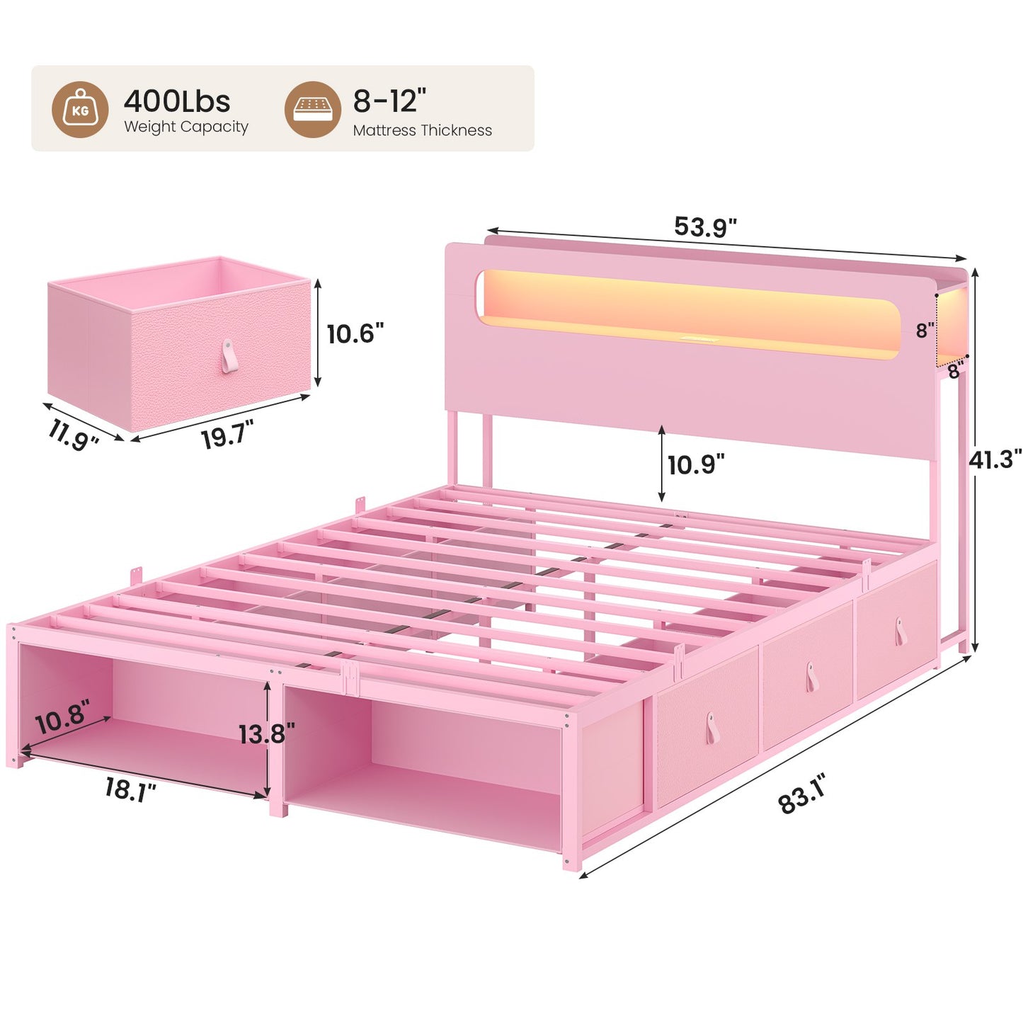 ADORNEVE Bed Frame Full Size with 6 Storage Drawers and RGB Headboard Kids Bed with Power Outlets and 2 Footboard Cubbies