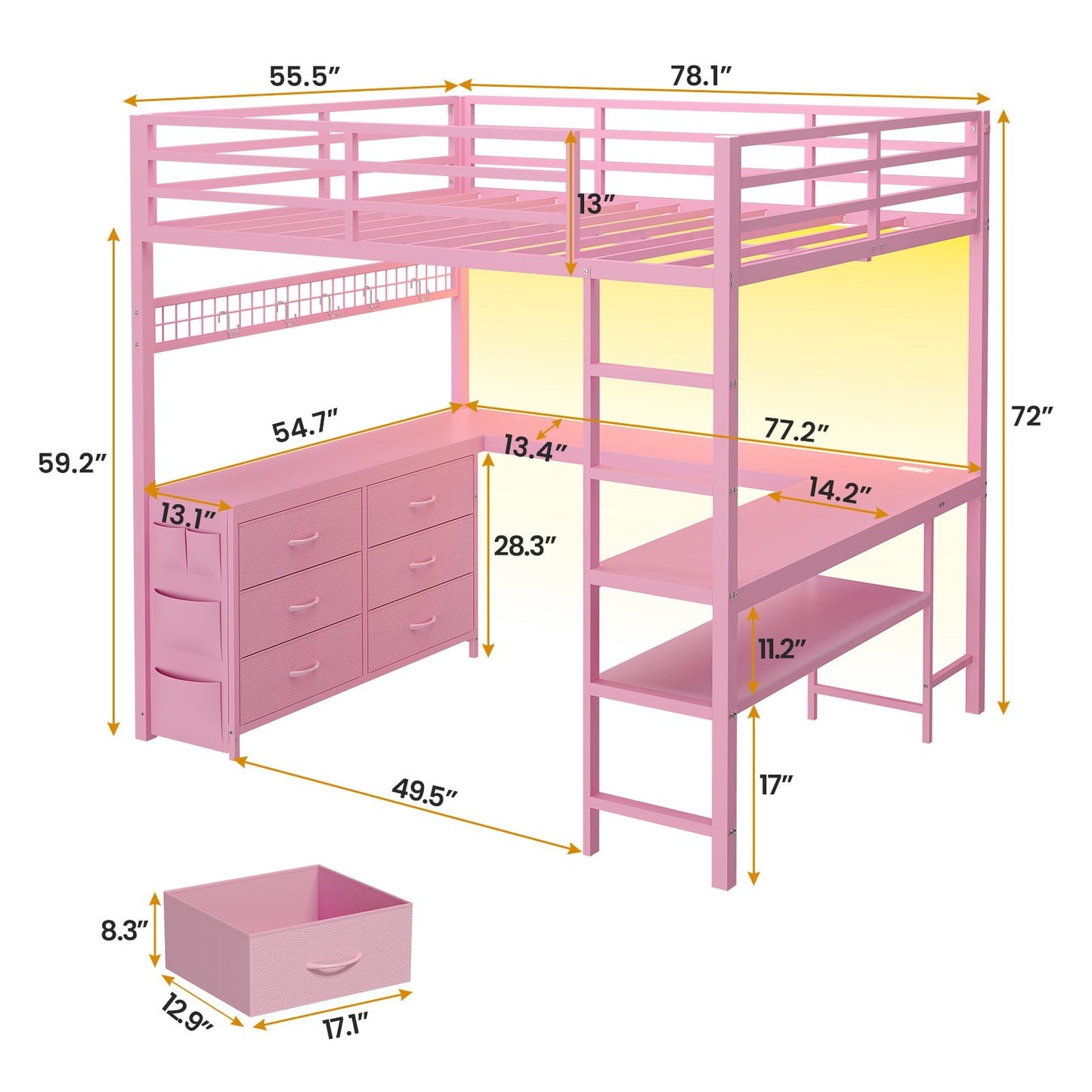 ADORNEVE Loft Bed Full Size with U-Shaped Desk and 6 Storage Drawers LED Metal Loft Bed with Power Outlet and 2 Storage Shelves Bed with Safety Guardrail and Ladders
