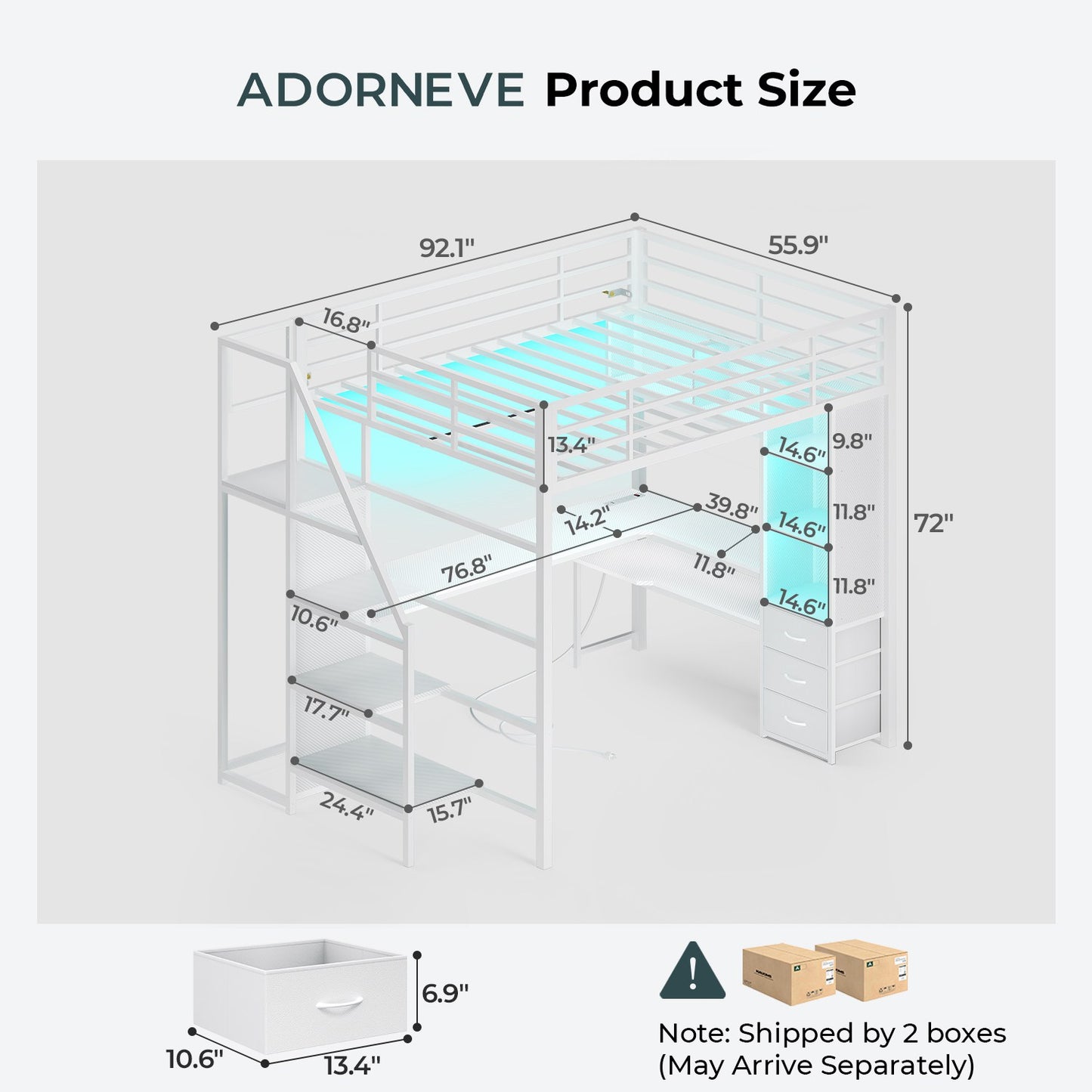 ADORNEVE Gaming Loft Bed Full Size with Desk Safety Power Outlets and Stairs LED Metal Loft with Cubbies and Storage Drawers