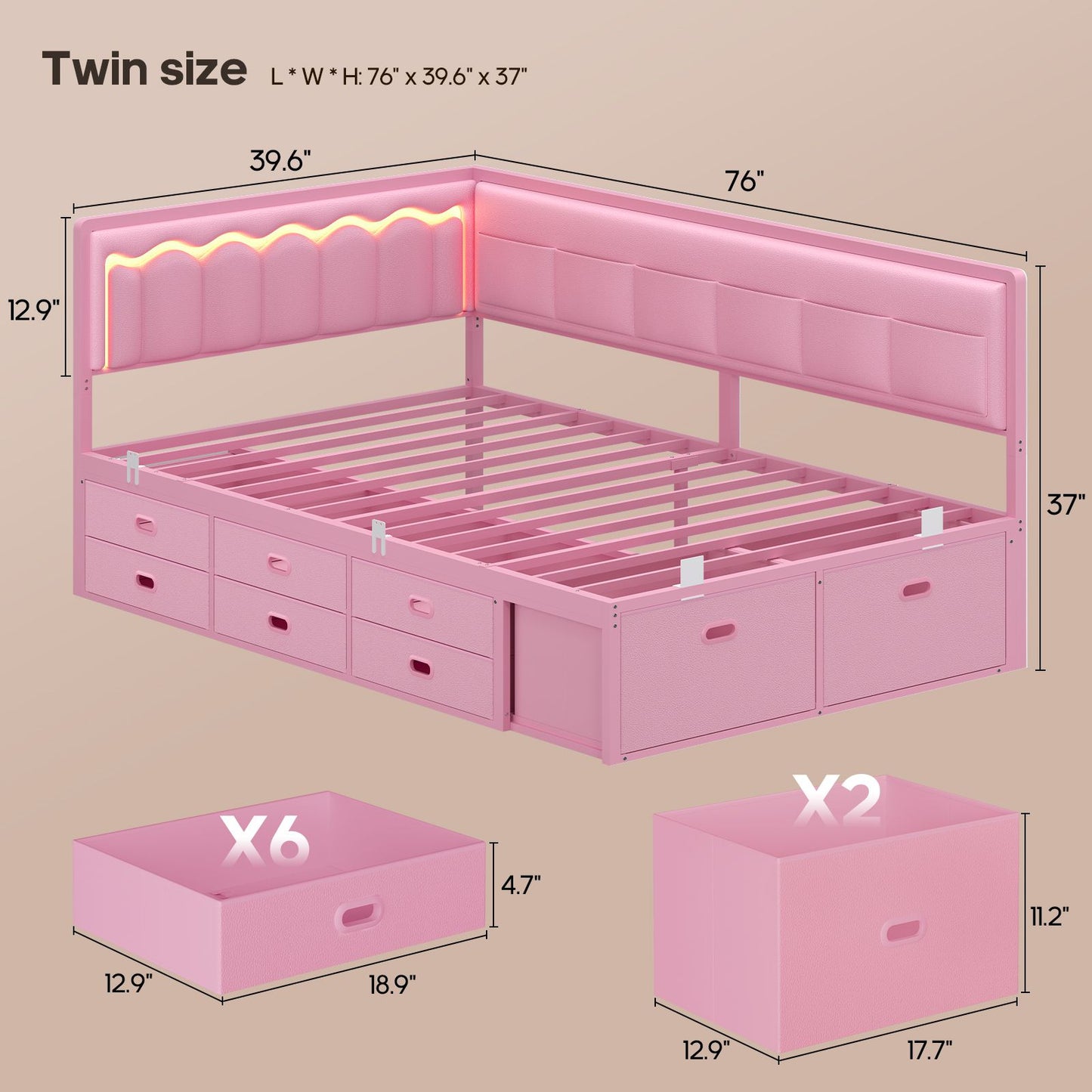 ADORNEVE Corner Bed Frame Twin size with 8 Drawers and 6 Storage Pockets Kids Daybed with RGB Wave Lights and L-Shaped Upholstered Guardrail