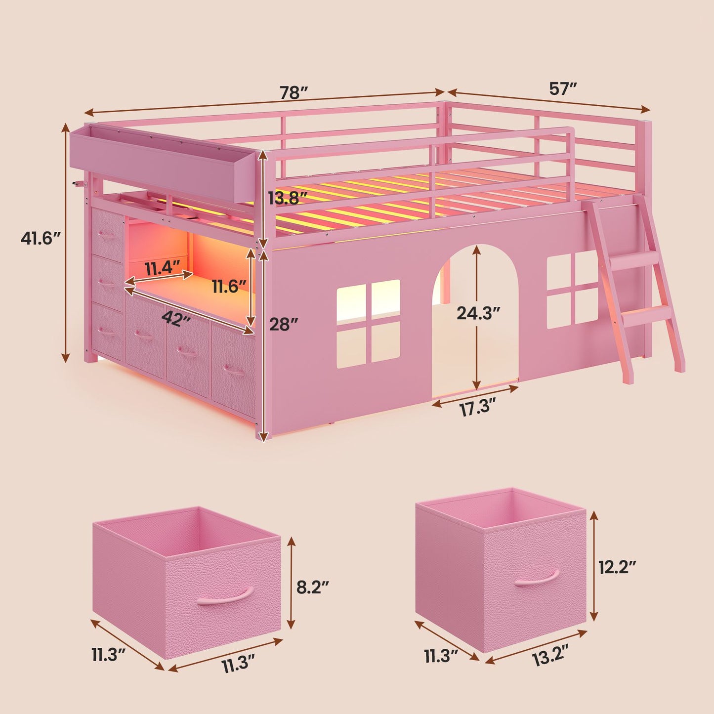 ADORNEVE Kids Low Loft Bed Full Size with Tent and 5 Storage Drawers Metal Loft Bed with Bookcase and Under-Bed Play Space LED Loft Bed with Safety Guardrail and Inclined Ladder