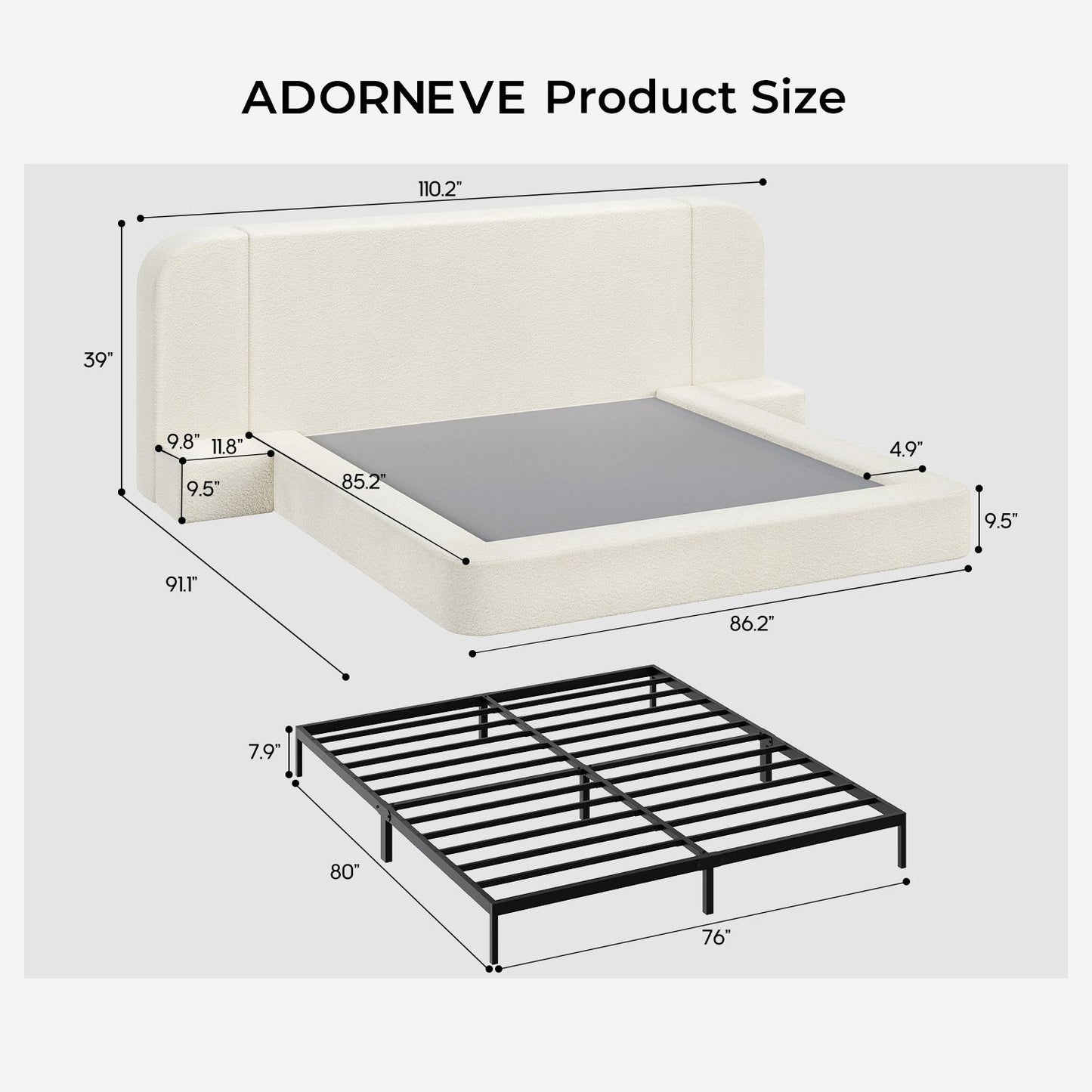 ADORNEVE Upholstered Cloud Bed Frame King with 110" Wide Headboard and Nightstands 4.9" Fully Cushioned Foam Soft Rounded Corners