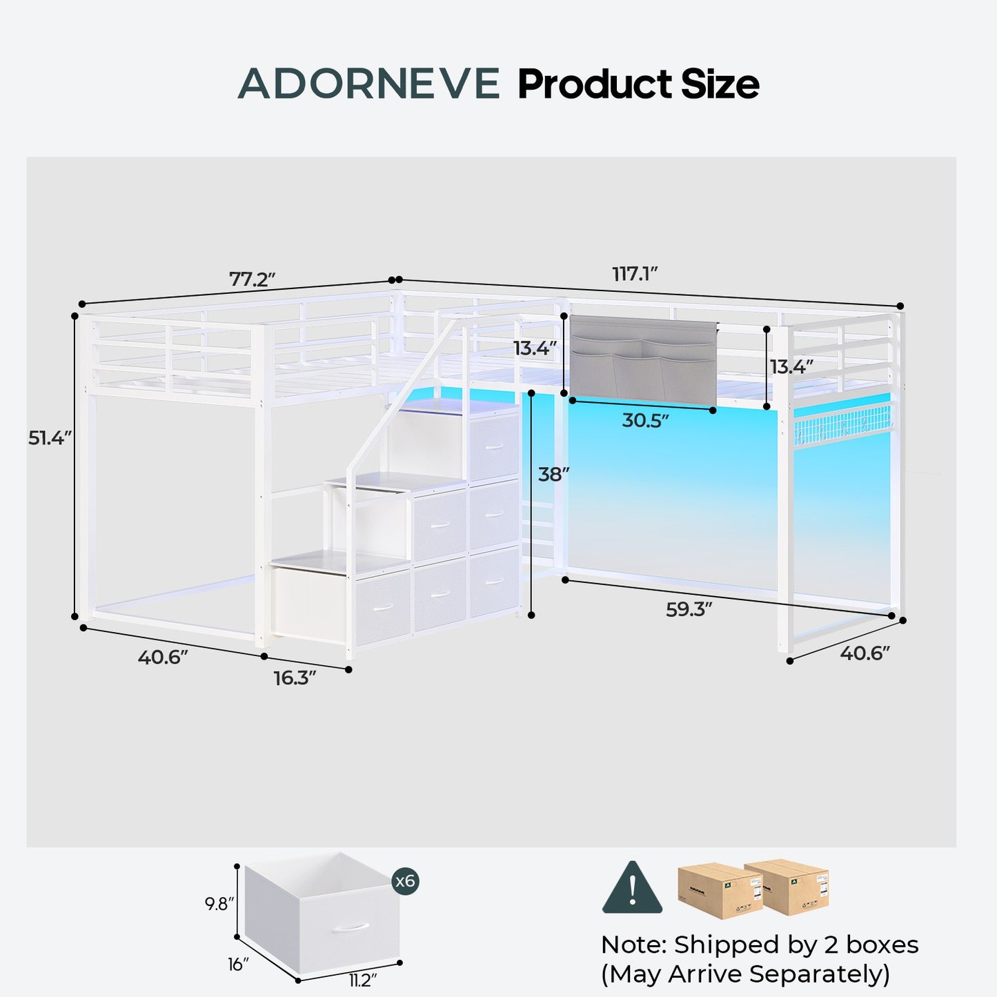 ADORNEVE L-Shaped Triple Bunk Beds Twin Size wit Staircase and 6 Drawers 3 Twin Beds with All-Around Safety Guardrails and Storage Staircase Side Storage Pocket
