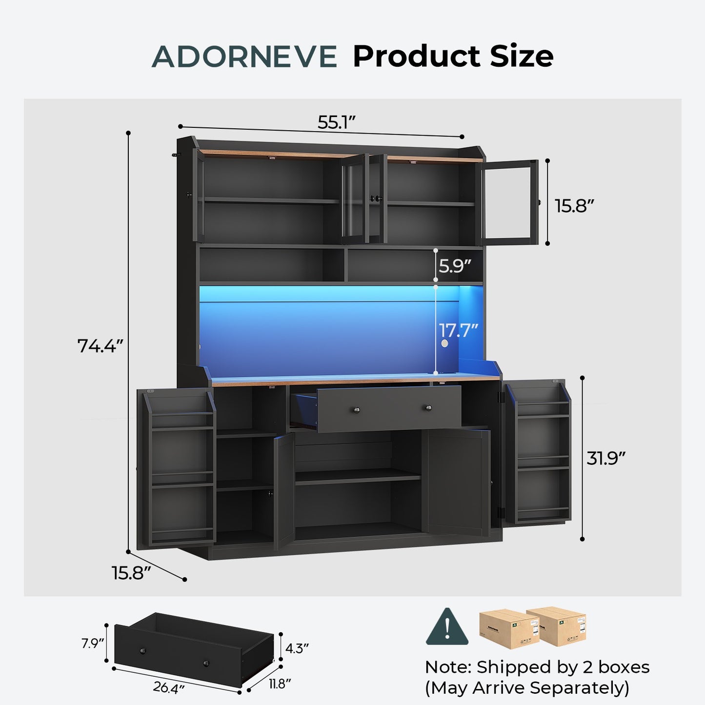 ADORNEVE 55" W Kitchen Pantry Storage Cabinet with LED Light and Power Outlet Coffee Bar Cabinet with Doors Drawer and Shelves