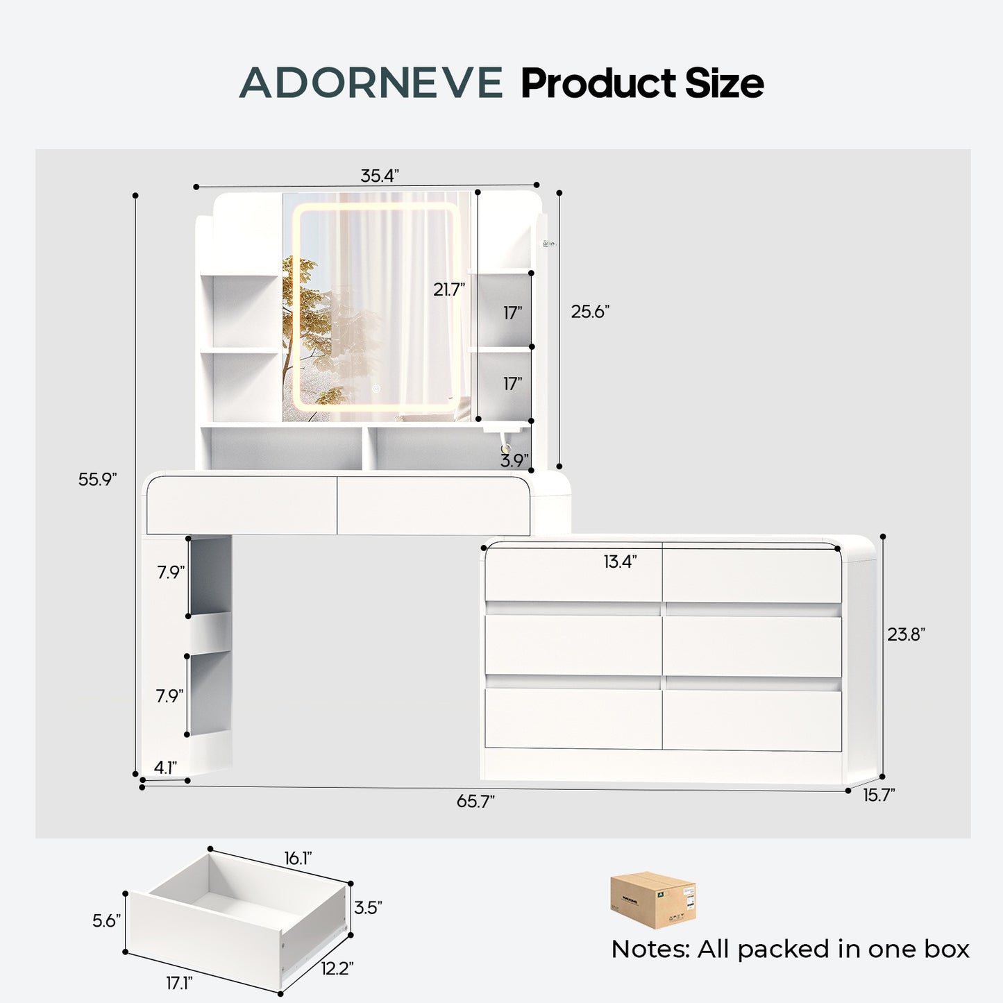 ADORNEVE Makeup Desk with 3-Color Dimmable LED Mirror Vanity Desk with 8 Drawers and Charging Station