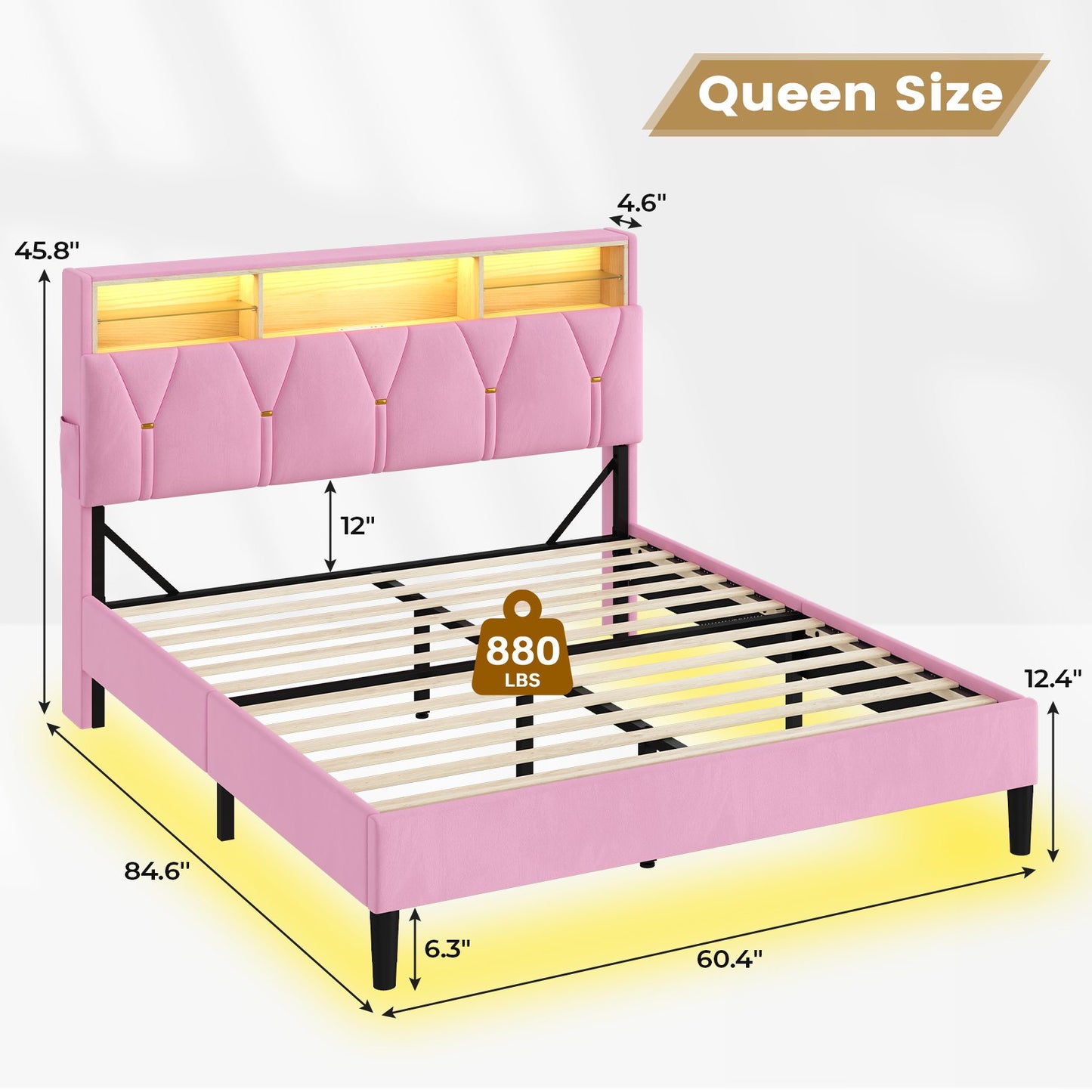 ADORNEVE Bed Frame Queen Size with Storage Headboard and Charging Station Led Bed Frame with Velvet Upholstered Bed Platform with Solid Wood Slats