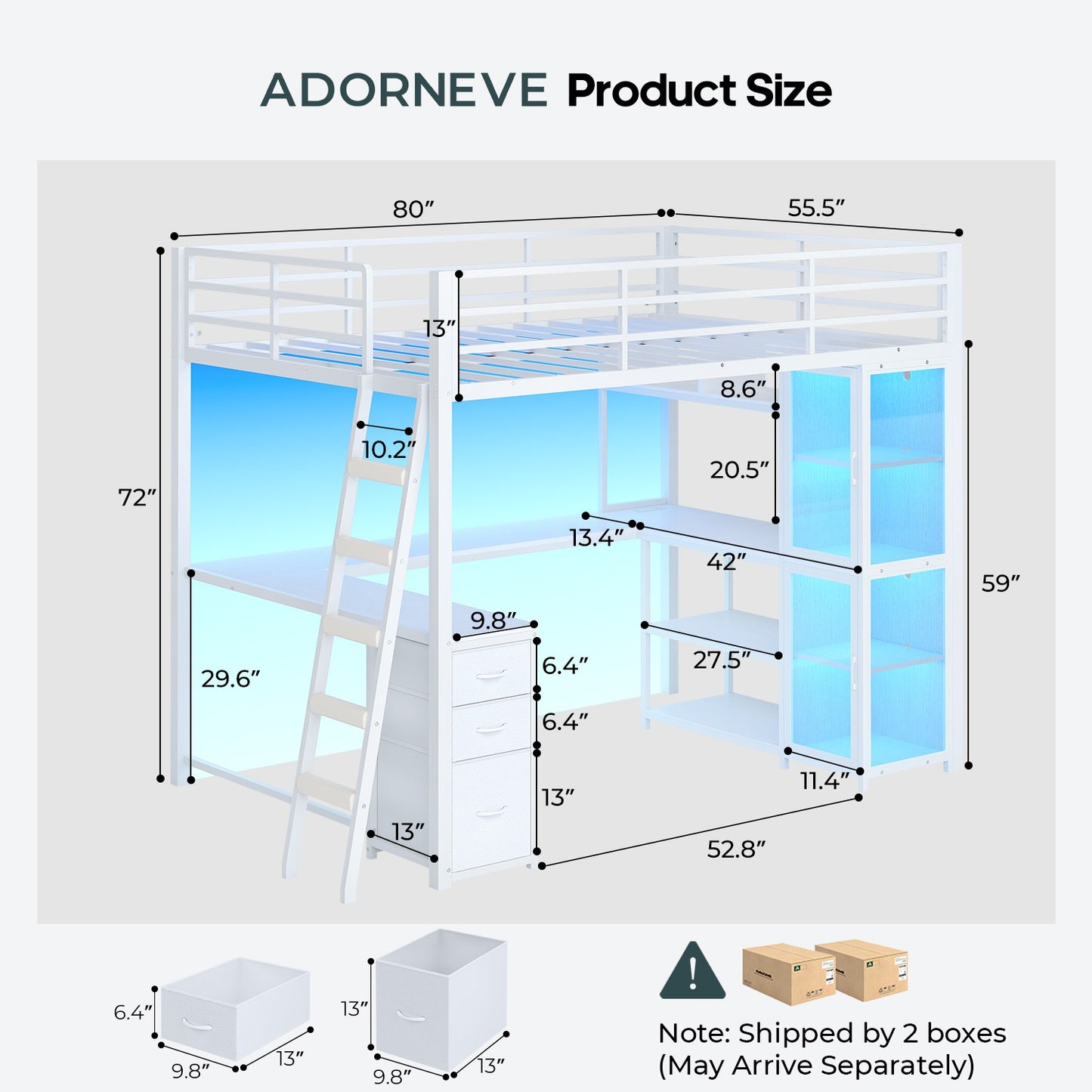 ADORNEVE Gaming Loft Bed Full Size with U Shape Desk and Display Cabinet Metal LED Loft Bed with Power Outlet and 3 Drawers 4 Shelves
