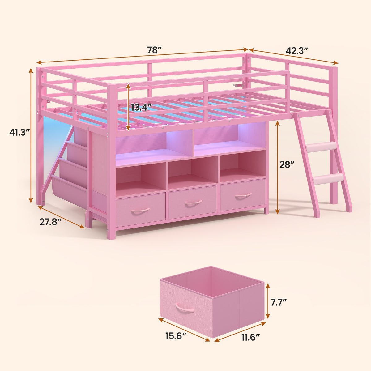 ADORNEVE | Low LED Loft Bed Twin Size with 5 Open Cubbies and 3-Tier Bookshel Loft Bed with 3 Fabric Drawers and Full-Length Guardrail