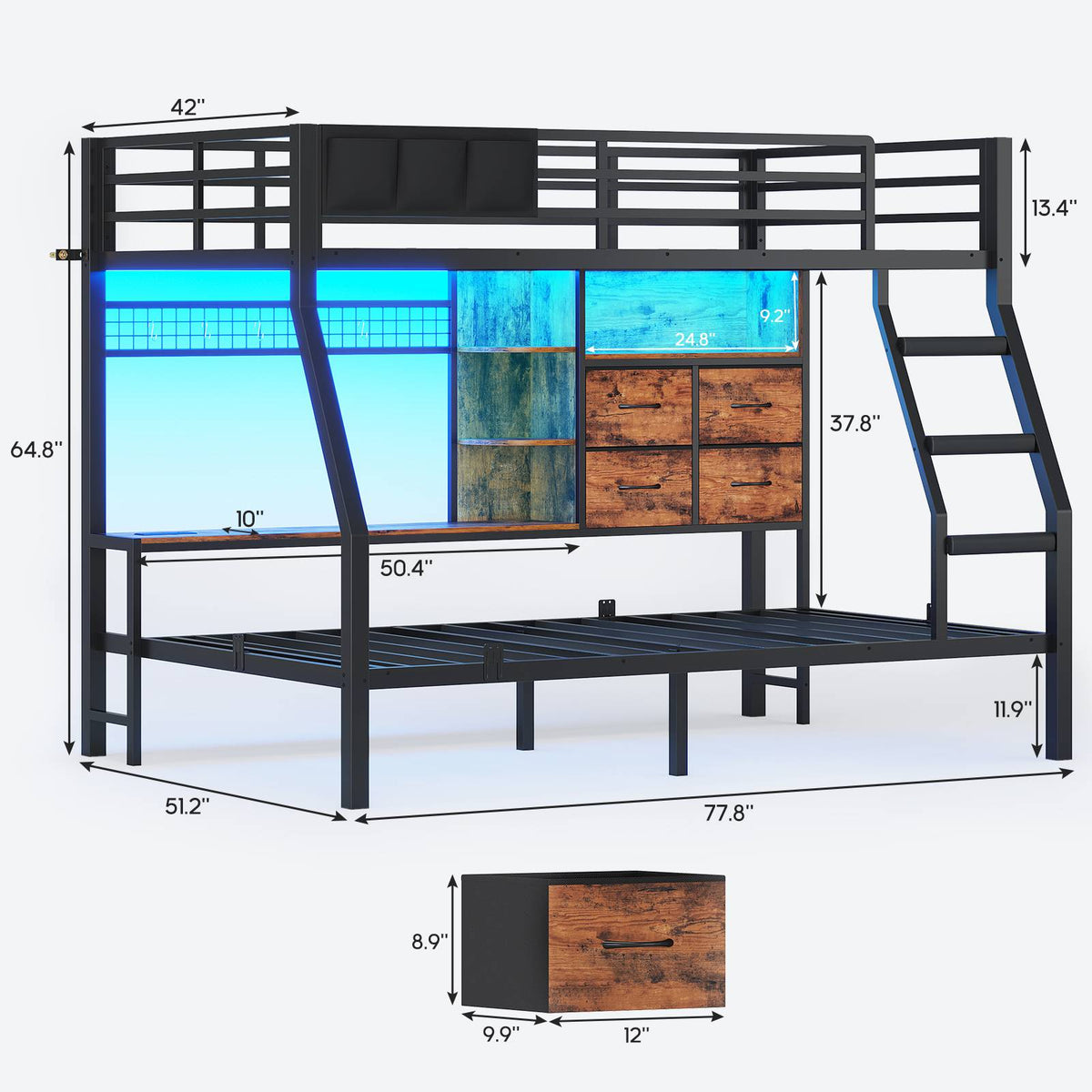 ADORNEVE | Bunk Bed Twin Over Twin with Charging Station and 4 Drawers Bunk Beds with Shelves and Metal Grid Panel Bunk Beds with Safety Guardrail and Slanted Ladder
