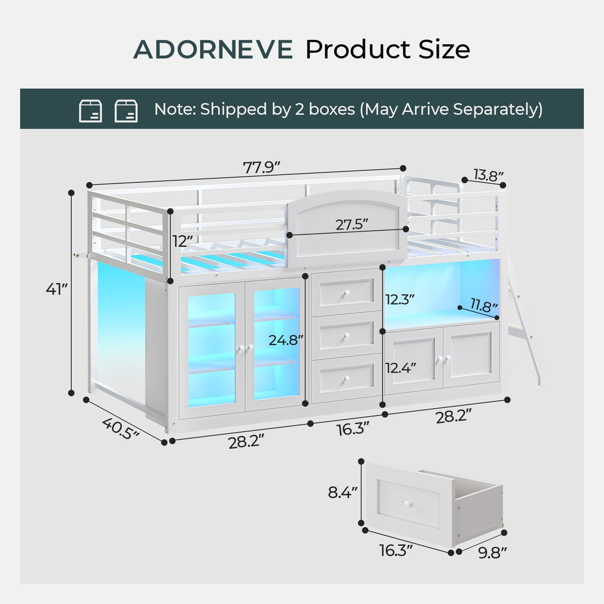 ADORNEVE Wooden Low Loft Bed Twin Size with 3 Drawers and Acrylic Cabinet LED Kids Loft Bed with Safety Guardrail and Secret Play Space