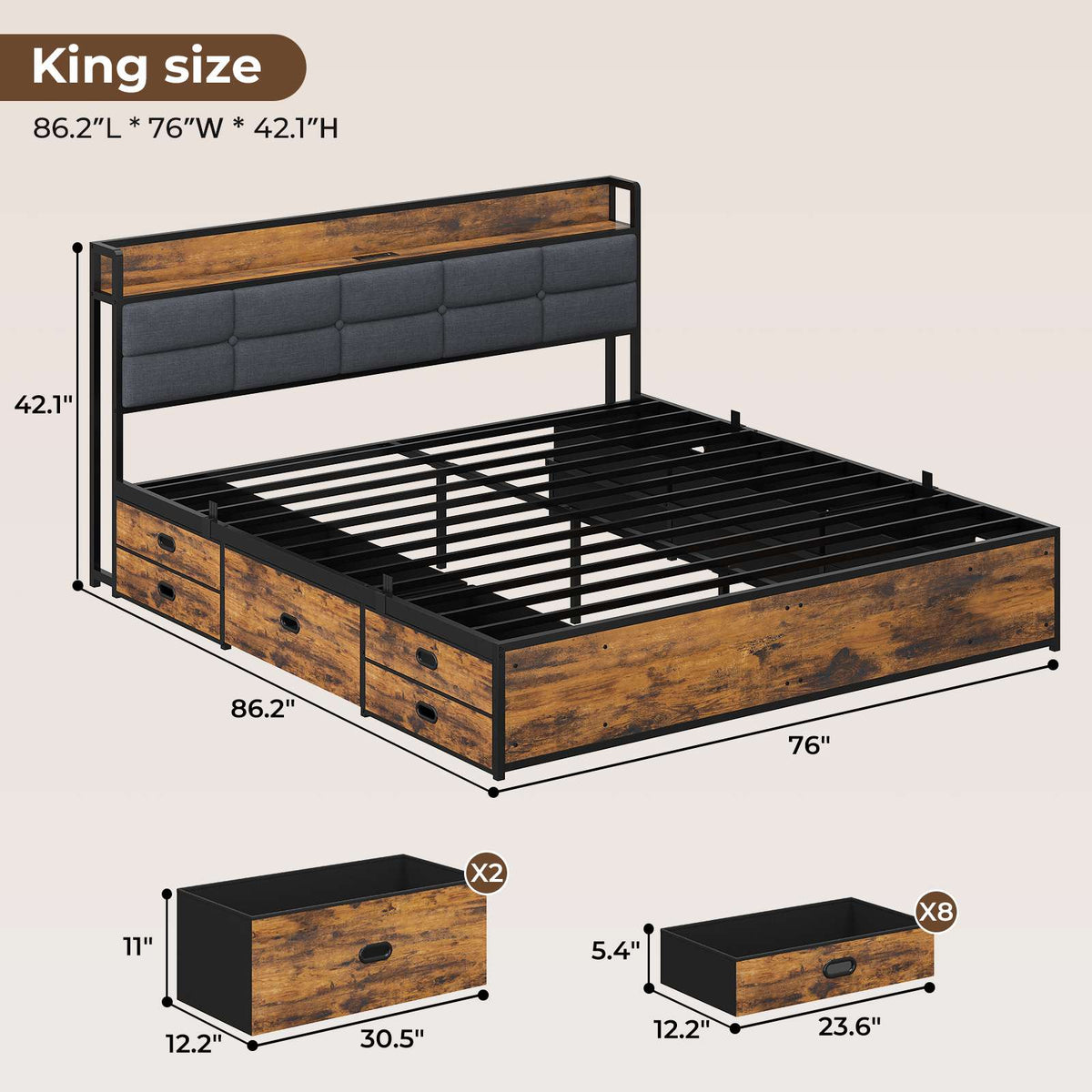 ADORNEVE | King Size Bed Frame with Storage Headboard & 10 Storage Drawers Industrial King Bed Frame with Charging Station