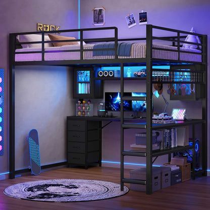 ADORNEVE Gaming Loft Bed Full Size with Desk and Hutch Drawers Power Outlet Metal Teens Loft Bed with RGB Lights and Guardrail Ladder