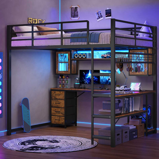 ADORNEVE Gaming Loft Bed Full Size with Desk and Hutch Drawers Power Outlet Metal Teens Loft Bed with RGB Lights and Guardrail Ladder
